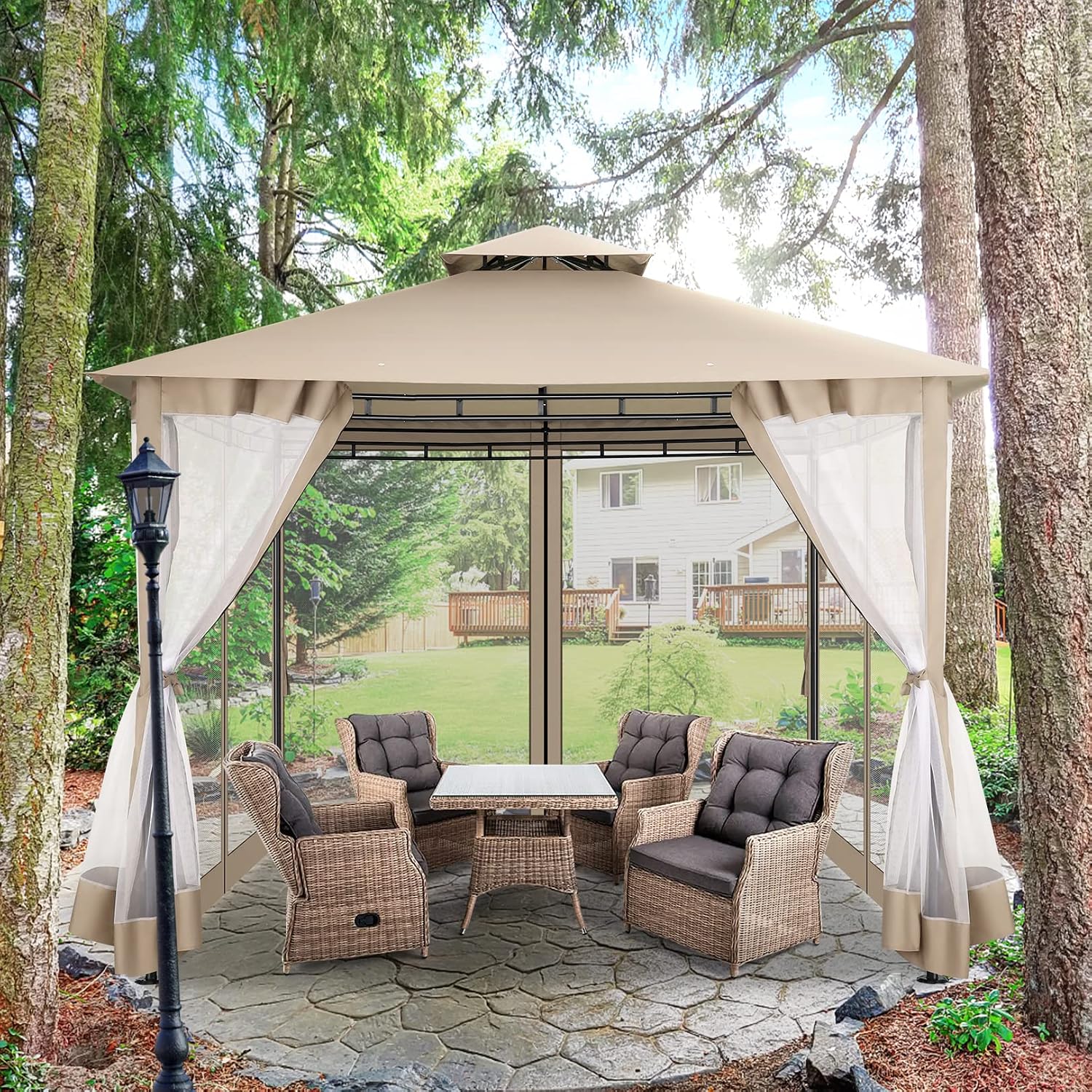 COBIZI Gazebo 10x10 Heavy Duty Gazebos with Improved Nettings Outdoor Gazebo Double Roof Patio Gazebos with Metal Steel Frame Outdoor Canopy for Patio, Deck, Backyard (Khaki)