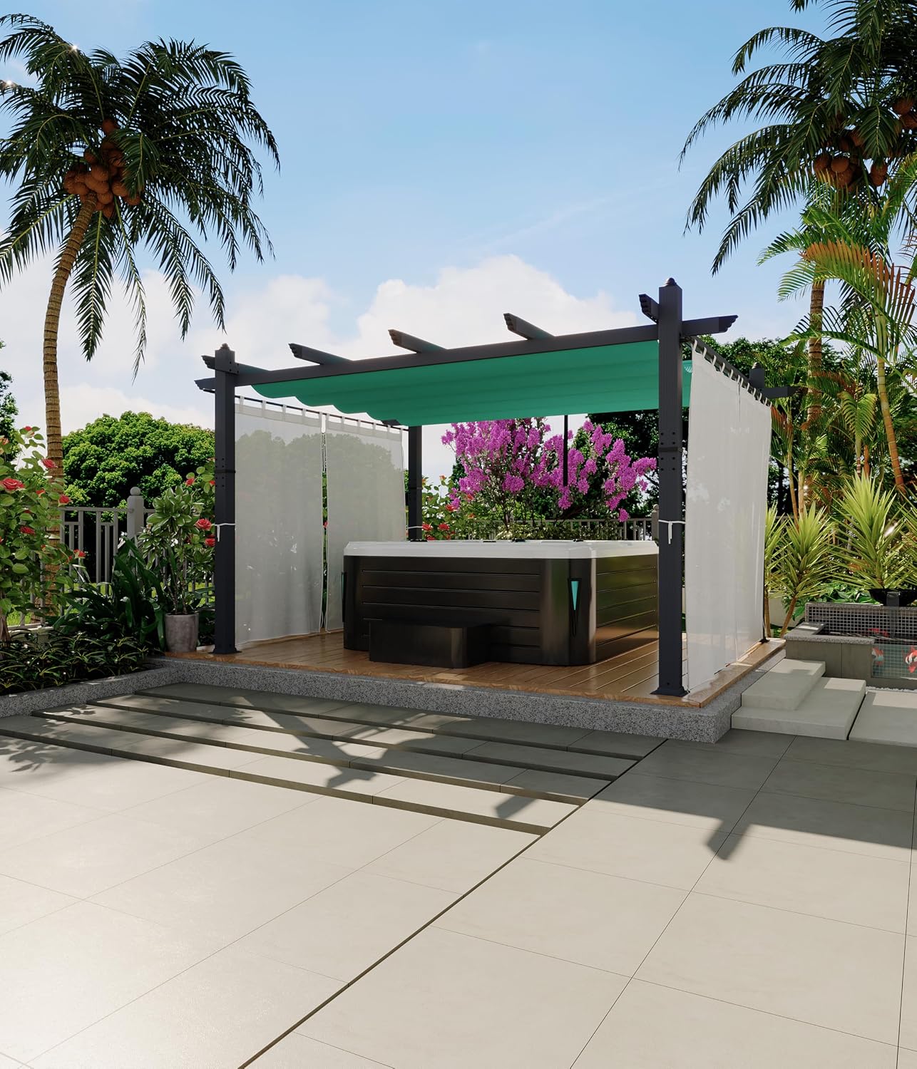 GAOMON 10x13 Ft Outdoor Aluminum Pergola, Heavy-Duty Woodgrain Patio Pergola with Retractable Canopy Sun Shade & Side Mesh Curtain, Metal Gazebo for Existing Deck Backyard Garden, Blue