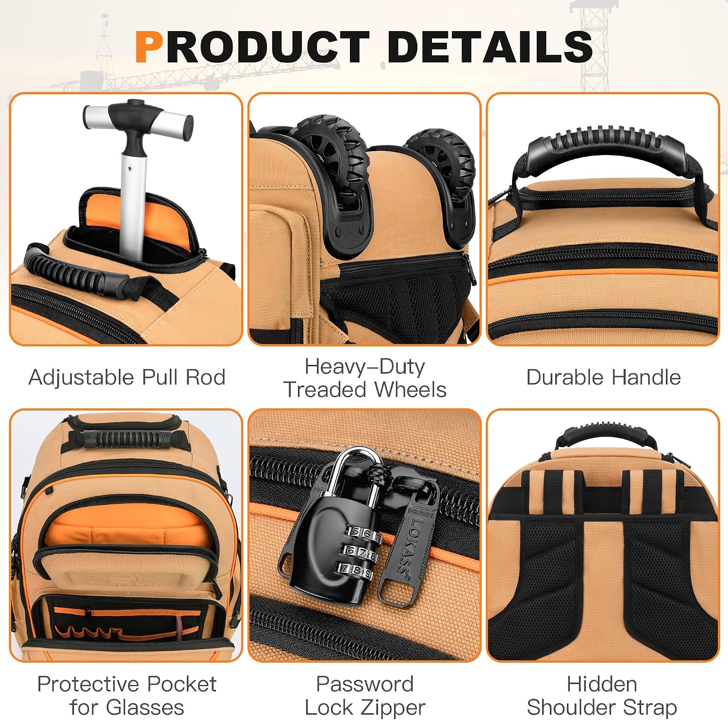 Backpack Tool Bag with Wheel, Rolling Tool Backpack for Electrician Heavy Duty Roller Tool Bag on Wheel for Construction Work, 75 Pockets & Loops Tool Backpack with Molded Base and Lock - Brown