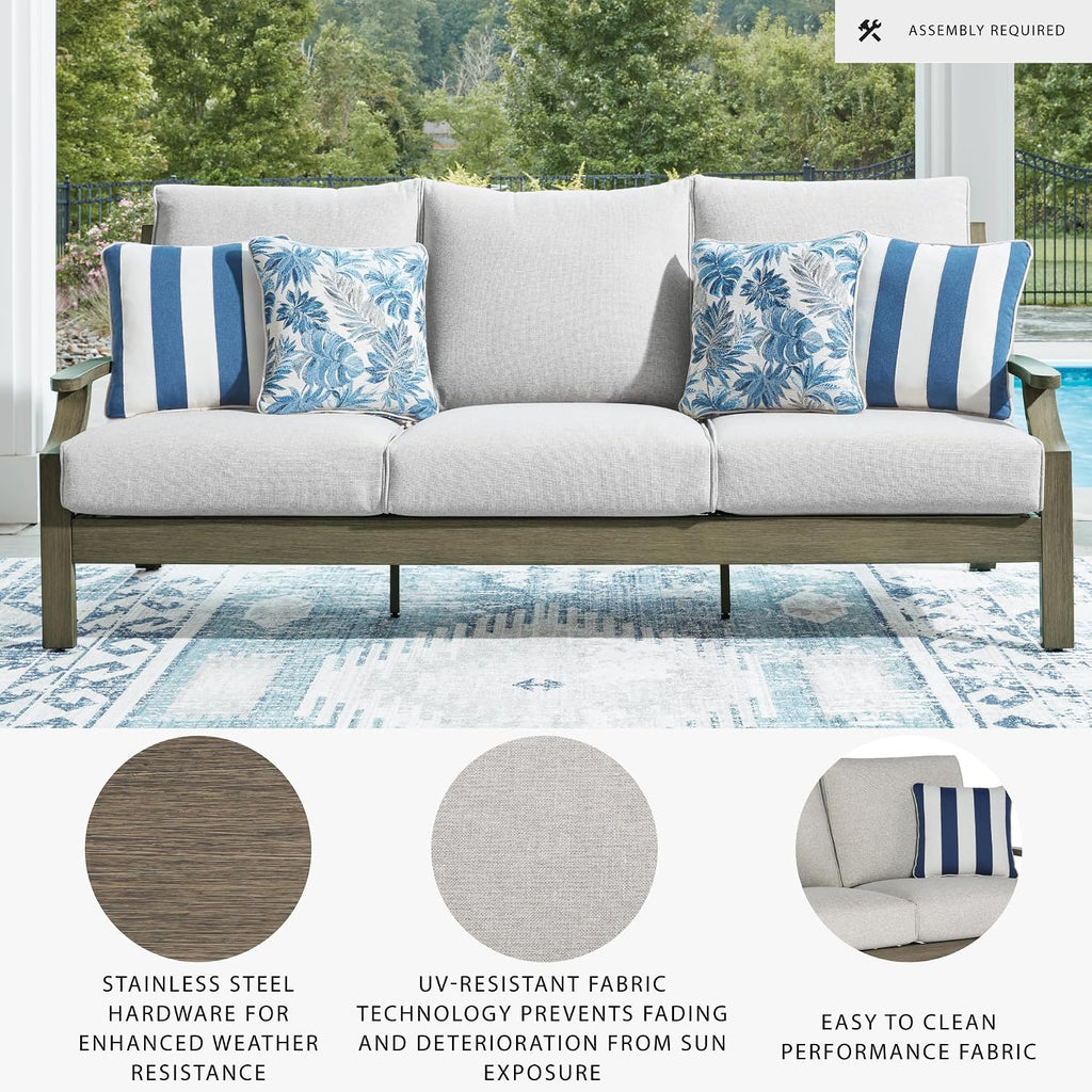 Signature Design by Ashley Rainier Ranch Casual Nuvella Weather Resistant Fabric, Outdoor Sofa with Cushion and 4 Accent Pillows, Light Brown & Light Gray