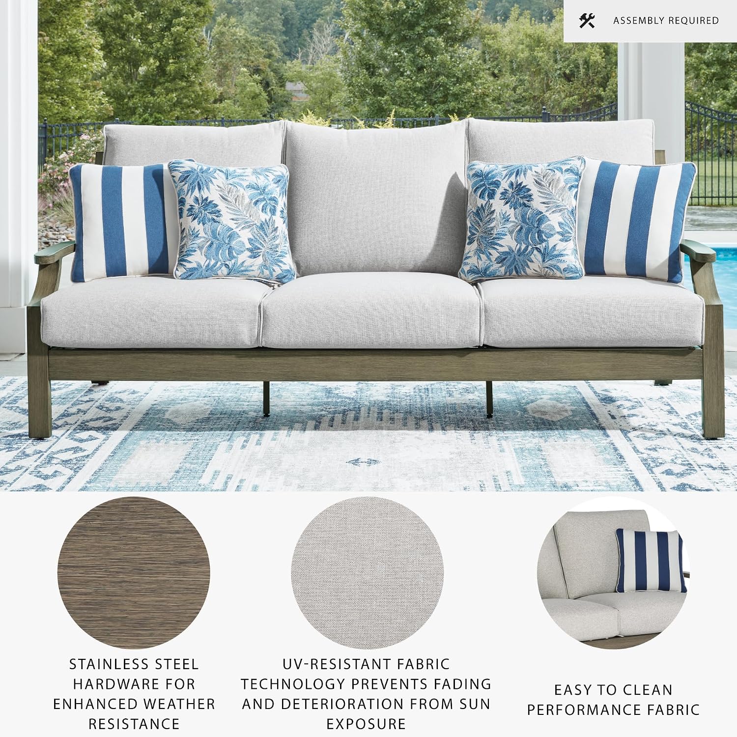 Signature Design by Ashley Rainier Ranch Casual Nuvella Weather Resistant Fabric, Outdoor Sofa with Cushion and 4 Accent Pillows, Light Brown & Light Gray