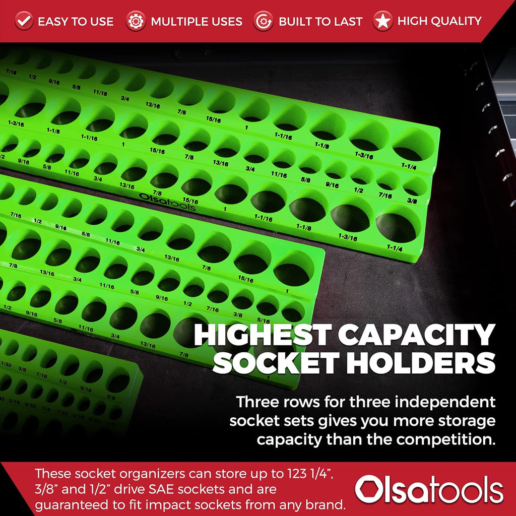 Olsa Tools Magnetic Socket Organizer - 1/4', 3/8' & 1/2-Inch Drive SAE Socket Holder Set - Professional Tool Holder and Organizer - Stores up to 123 Sockets - Green - Part: 1561