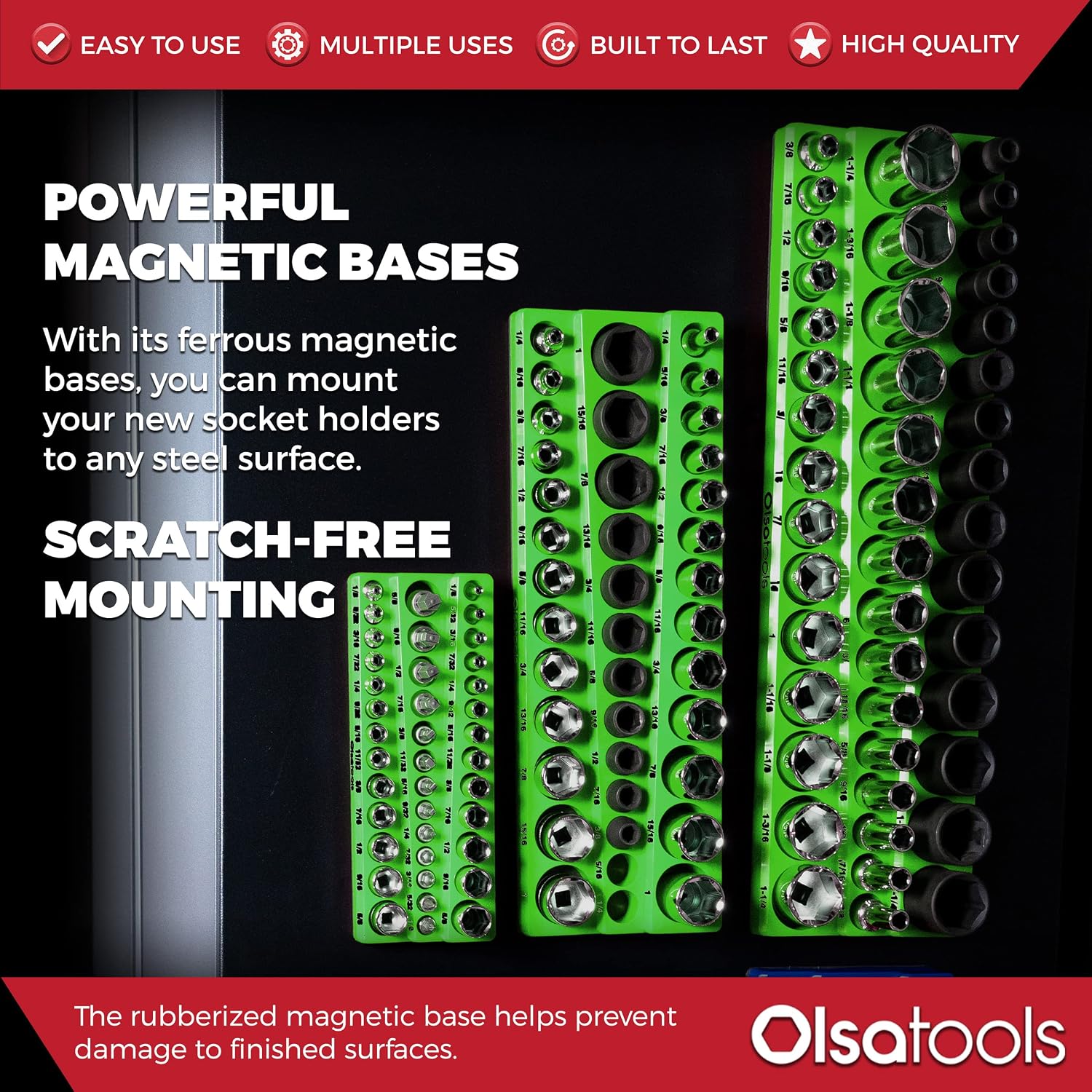 Olsa Tools Magnetic Socket Organizer - 1/4', 3/8' & 1/2-Inch Drive SAE Socket Holder Set - Professional Tool Holder and Organizer - Stores up to 123 Sockets - Green - Part: 1561