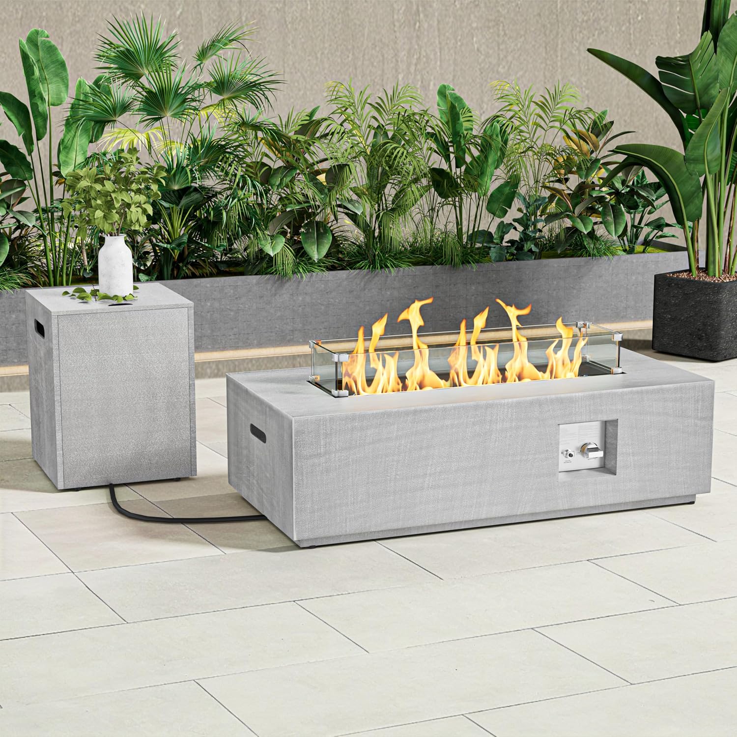 Dineli 2-Piece Outdoor Propane Fire Pit Table Set w Tank Table 42'' Rectangular Firepit Gas Fire Pits for Outside Patio Fire Table Tabletop Fire Pits, 50,000 BTU, Light Gray