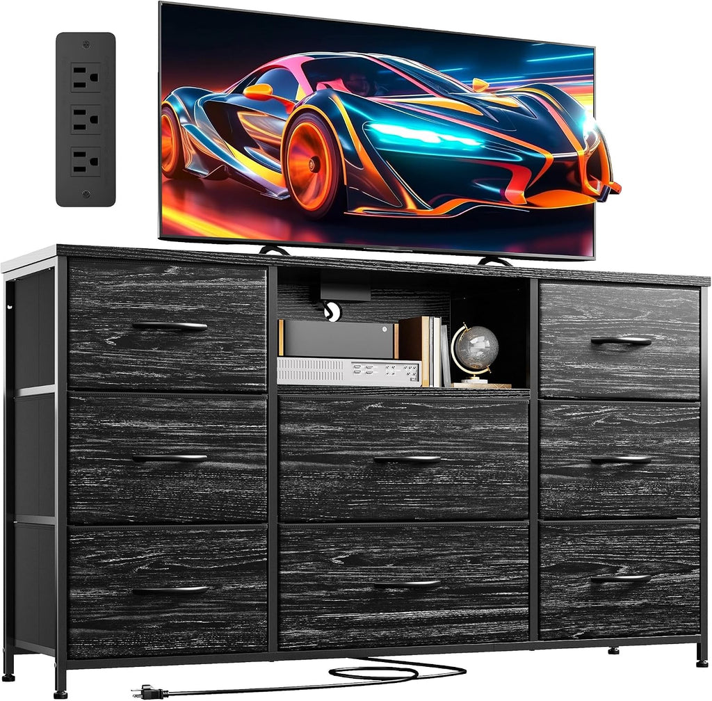 EnHomee Black Dresser for Bedroom with Charging Station, 8 Drawers Dressers & 55 inch TV Stand for Bedroom, Fabric Chest of Drawers with Open Shelves, Sturdy Dresser for Living Room, Hallway