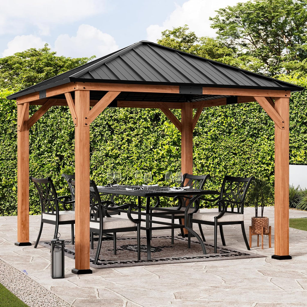 Big Leaf 10'x10' Wood Gazebo with Galvanized Steel Roof - Hardtop Gazebo with Cedar Frame Permanent Outdoor Structure for Garden, Backyard and Patio