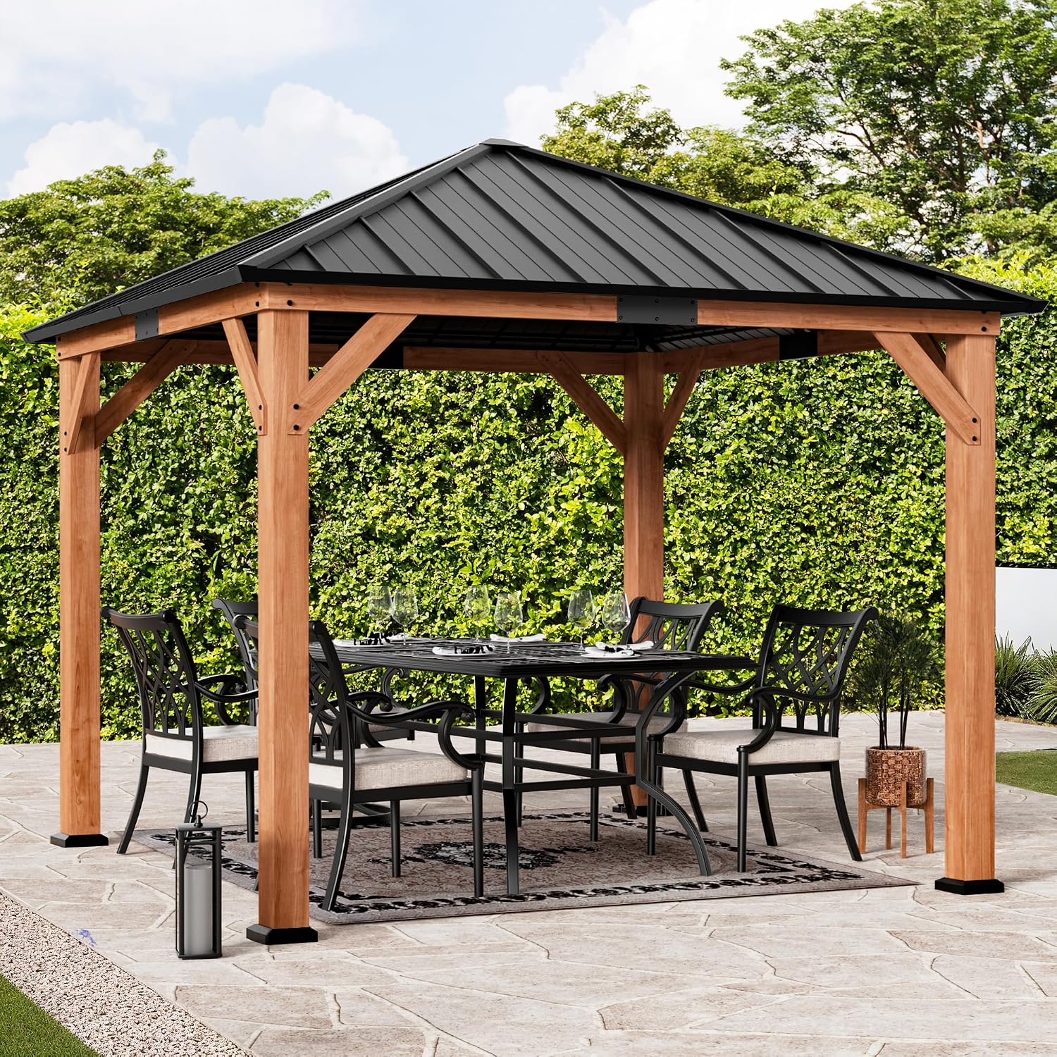 Big Leaf 10'x10' Wood Gazebo with Galvanized Steel Roof - Hardtop Gazebo with Cedar Frame Permanent Outdoor Structure for Garden, Backyard and Patio