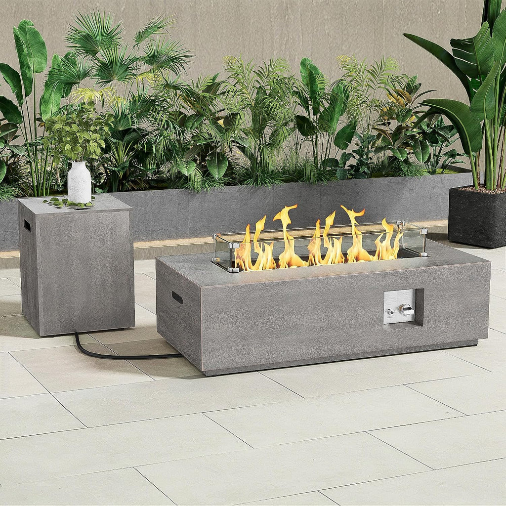 Dineli 2-Piece Outdoor Propane Fire Pit Table Set w Tank Table 42'' Rectangular Firepit Gas Fire Pits for Outside Patio Fire Table Tabletop Fire Pits, 50,000 BTU, Gray