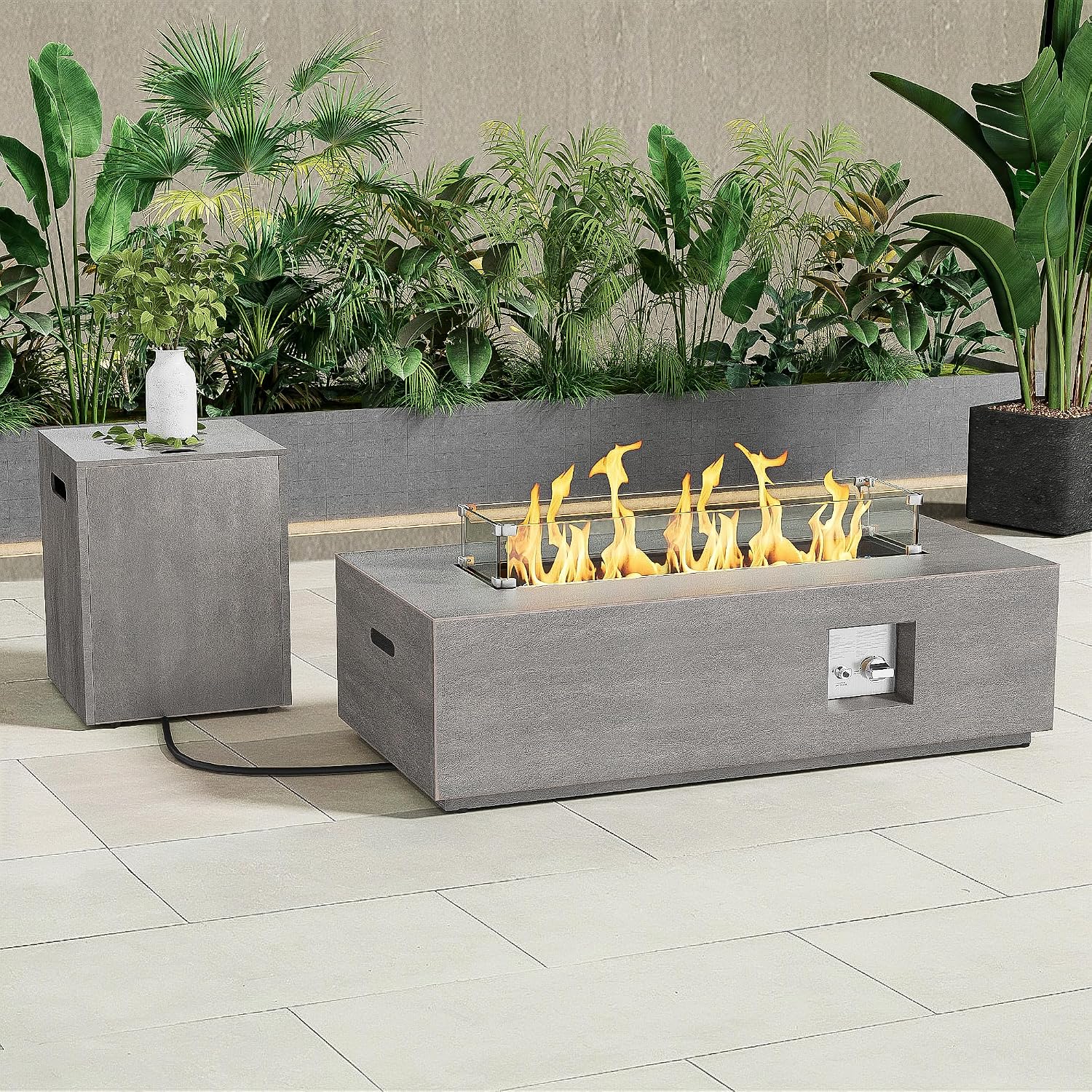 Dineli 2-Piece Outdoor Propane Fire Pit Table Set w Tank Table 42'' Rectangular Firepit Gas Fire Pits for Outside Patio Fire Table Tabletop Fire Pits, 50,000 BTU, Gray