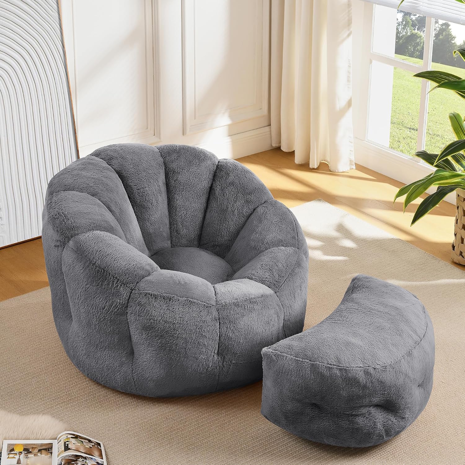 Bean Bag Chair with Ottoman, Flower Bean Bag Chairs for Adults and Teens, Comfy Plush Faux Fur Reading Chair for Living Room, Bedroom, Apartment, Dorm, Grey