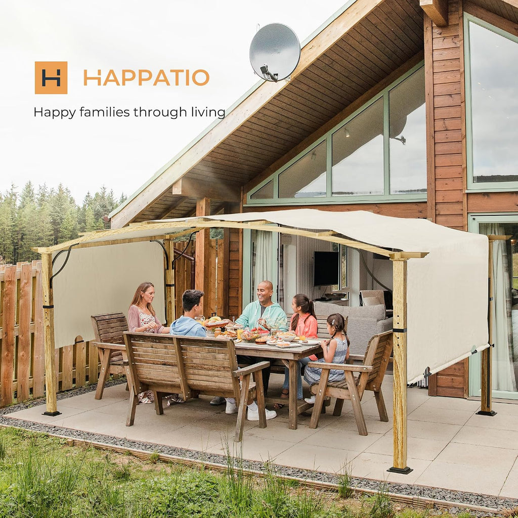 HAPPATIO 10' x13' Outdoor Retractable Pergola, Patio Metal Pergola with Sun Shade Canopy, Wood-Grain Aluminum Pergola with Canopy Fixed in Various Positions, Metal pergola for Backyards (Beige)