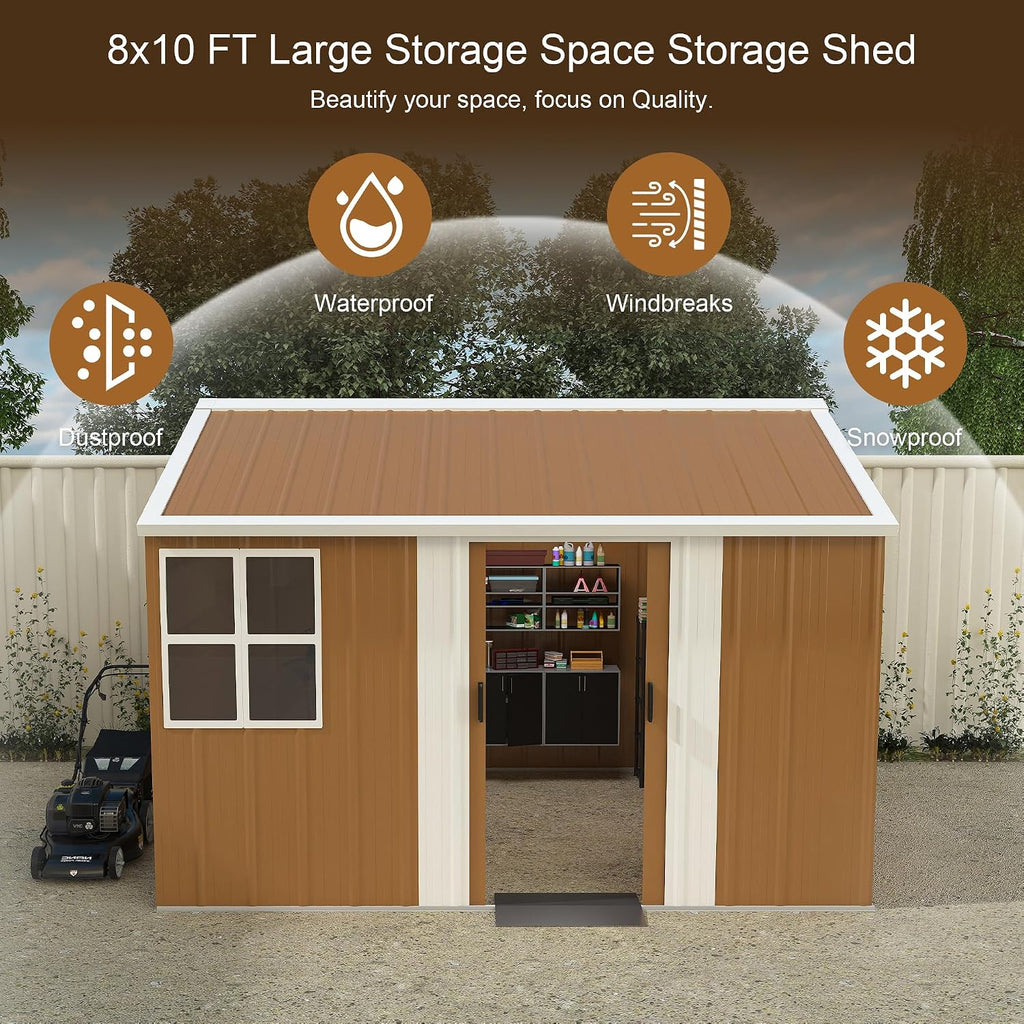 Outdoor Storage Shed, Heavy-Duty Metal Steel Shed with Windows, Lockable Door & Ventilation, Weatherproof Garden Shed for Backyard, Lawn, and Tool Storage (8x10 FT)