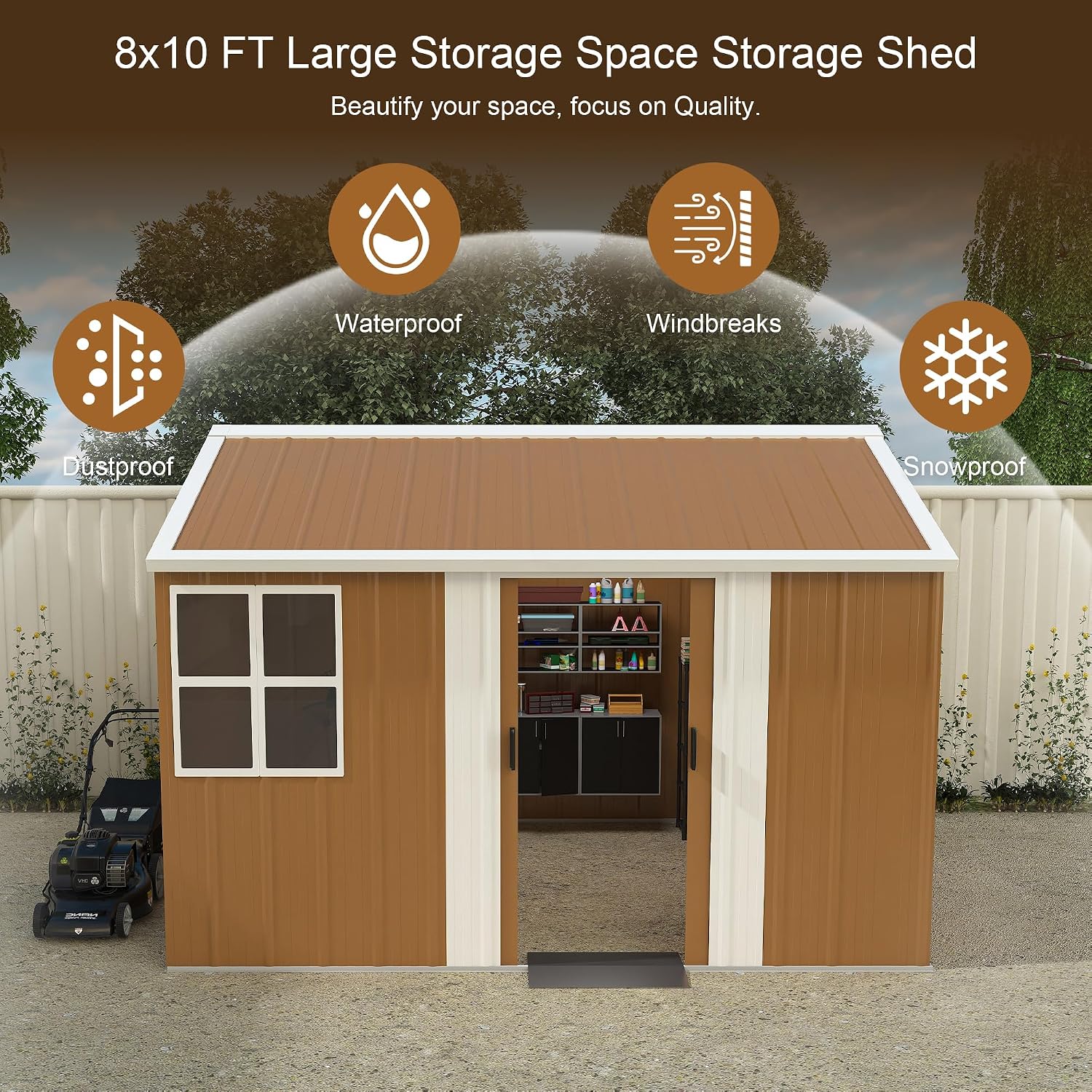 Outdoor Storage Shed, Heavy-Duty Metal Steel Shed with Windows, Lockable Door & Ventilation, Weatherproof Garden Shed for Backyard, Lawn, and Tool Storage (8x10 FT)