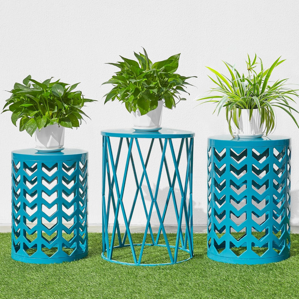 Y&M Set of 3 Nesting Metal Round Coffee Table, Side Table End Table for Indoor Outdoor Multifunctional Use,Heavy Duty Metal Plant Stand Decorative Garden Stool- Blue(Ship from US)