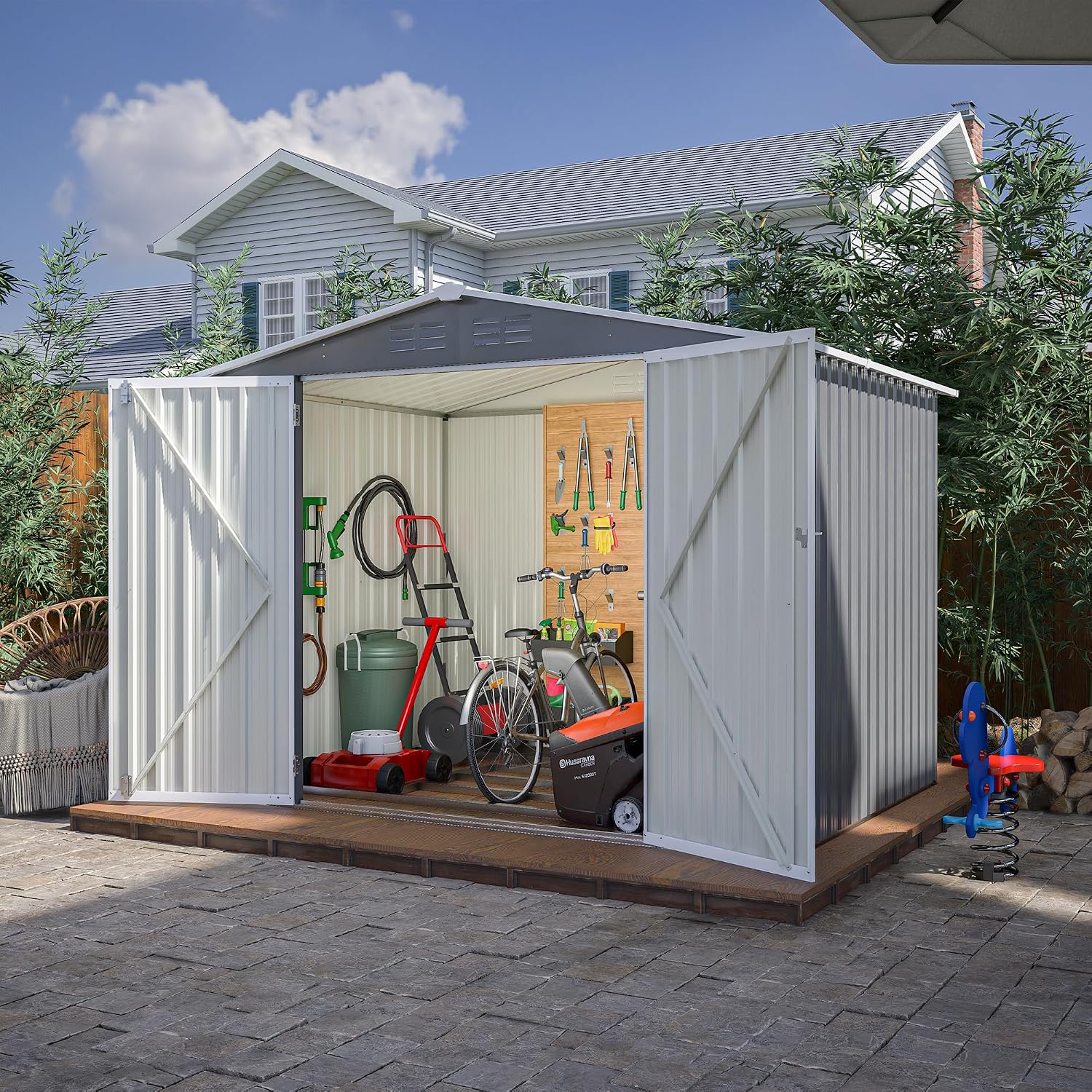 8x6 FT Outdoor Waterproof Garden Tool Storage Sheds with Metal Foundation with Floor Frame, Tool Shed with Lockable Hinged Doors & Air Vents, Storage House Waterproof for Backyard, Lawn, Gray