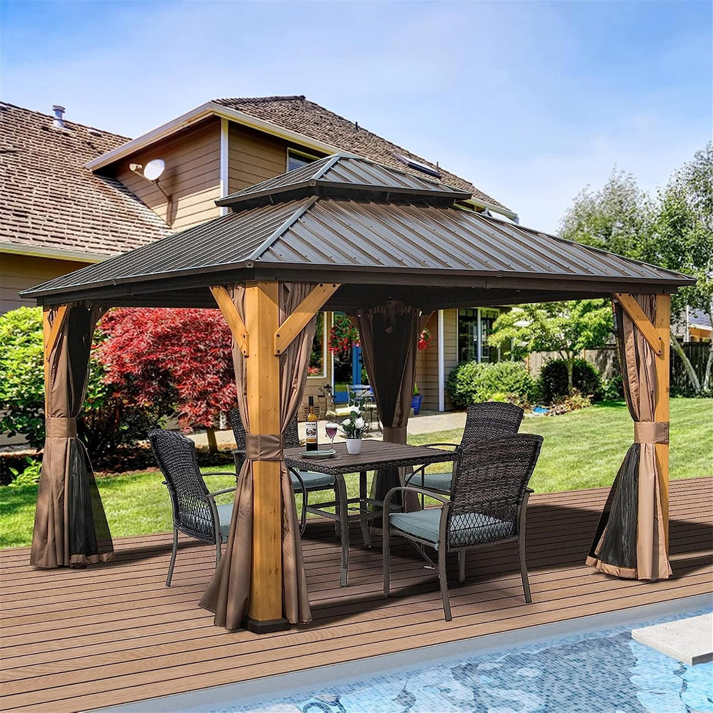 12x12Ft Hardtop Gazebo Wood Gazebo Outdoor Cedar Wood Frame with Galvanized Steel Double Roof Outdoor Permanent Metal Pavilion with Curtains and Netting for Patio Backyard Lawn, Brown