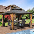 12x12Ft Hardtop Gazebo Wood Gazebo Outdoor Cedar Wood Frame with Galvanized Steel Double Roof Outdoor Permanent Metal Pavilion with Curtains and Netting for Patio Backyard Lawn, Brown