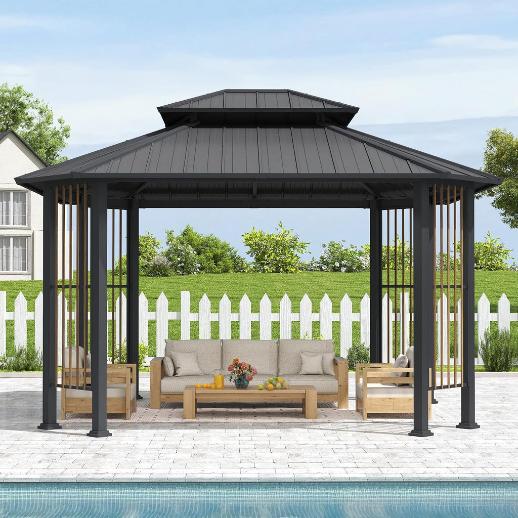 HAPPATIO 11' x 13 Outdoor Octagon Gazebo, Outdoor Pavilion Hardtop Gazebo with Double Tiered Ventilated Roof, Dual Rails and Ceiling Hook for Patio, Garden, Backyard Shade