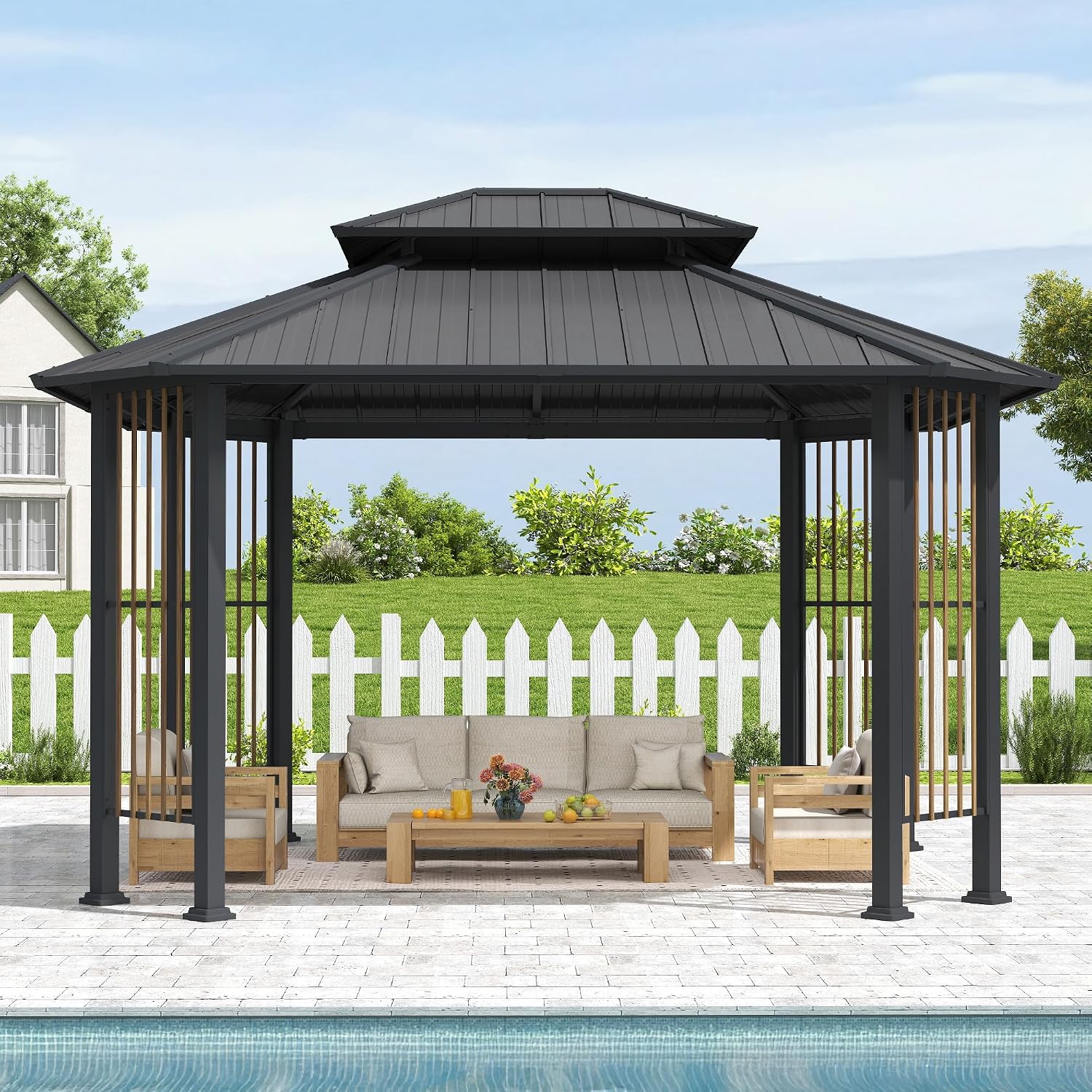 HAPPATIO 11' x 13 Outdoor Octagon Gazebo, Outdoor Pavilion Hardtop Gazebo with Double Tiered Ventilated Roof, Dual Rails and Ceiling Hook for Patio, Garden, Backyard Shade
