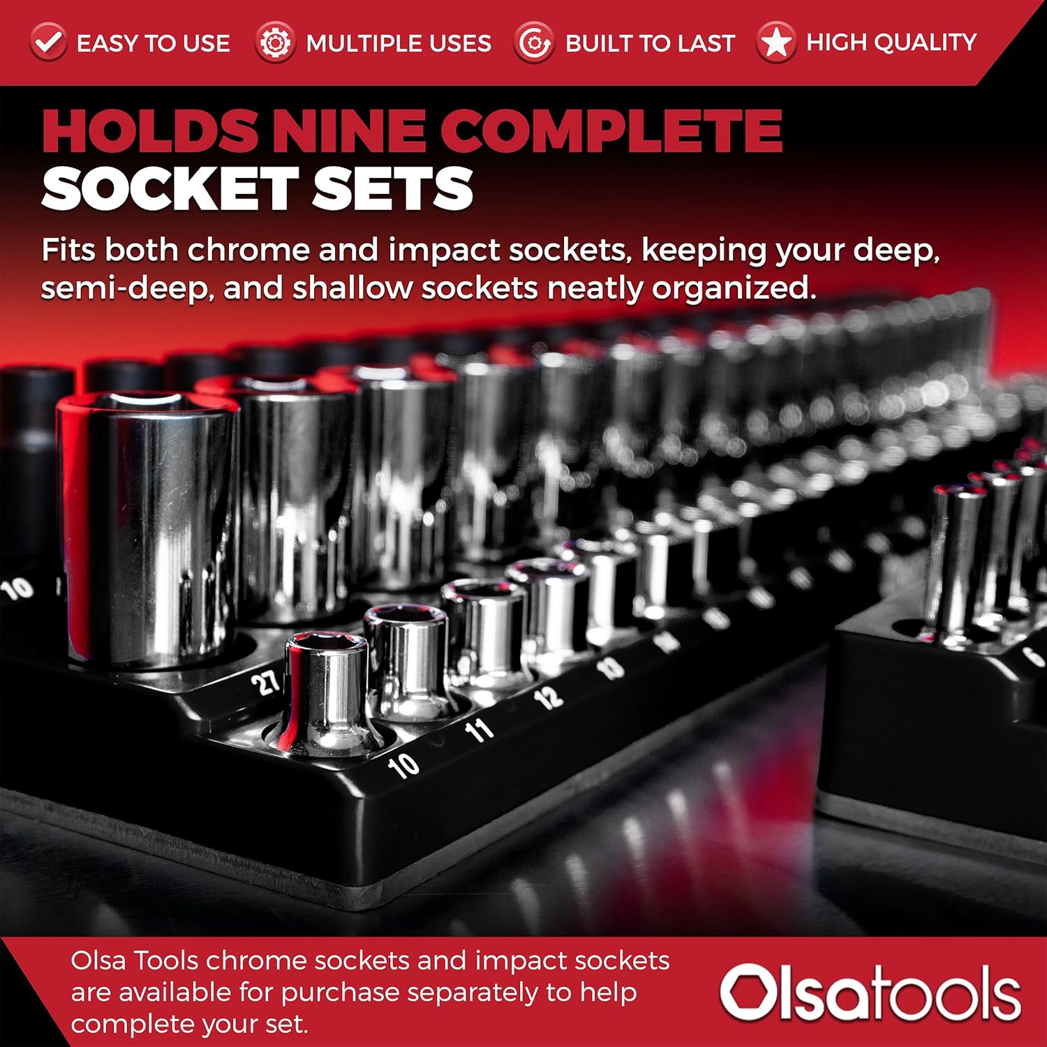 Olsa Tools 3-Row Magnetic Socket Organizer - 1/4', 3/8' & 1/2-Inch Drive Metric Socket Holder Set - Professional Tool Holder and Organizer - Stores up to 141 Sockets - Black