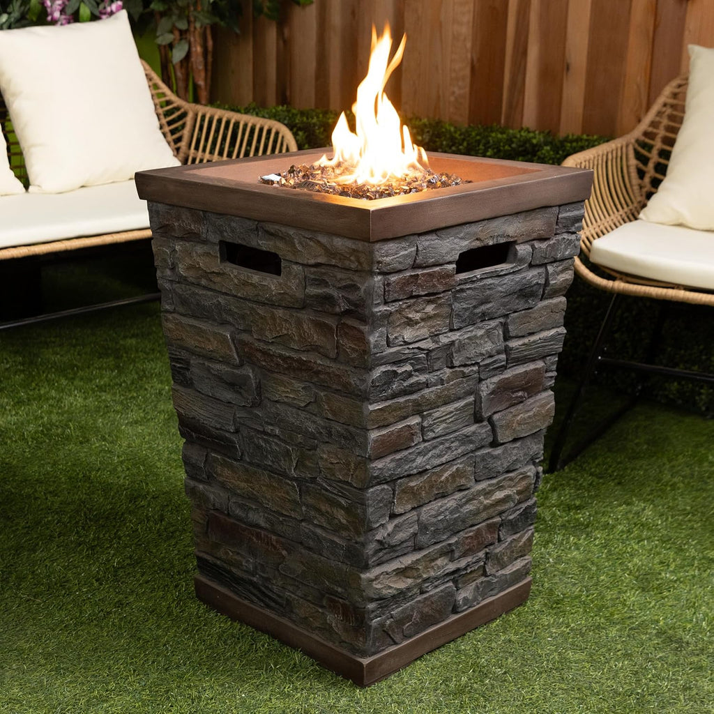 Alpine Corporation GXT966 Stone Look Column Gas Fire Pit with 32K BTU and Adjustable Flame, Cozy Patio Decor, 29' H, Multicolor