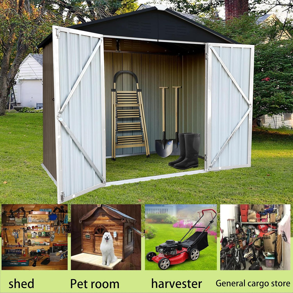 Shed with Windows,Large Metal Outdoor Storage Shed, Lockable Tool Storage shed, Steel Garden shed, Suitable for Backyard, Terrace, and Poolside (Roof Brown+Black, 6FTx4FT)