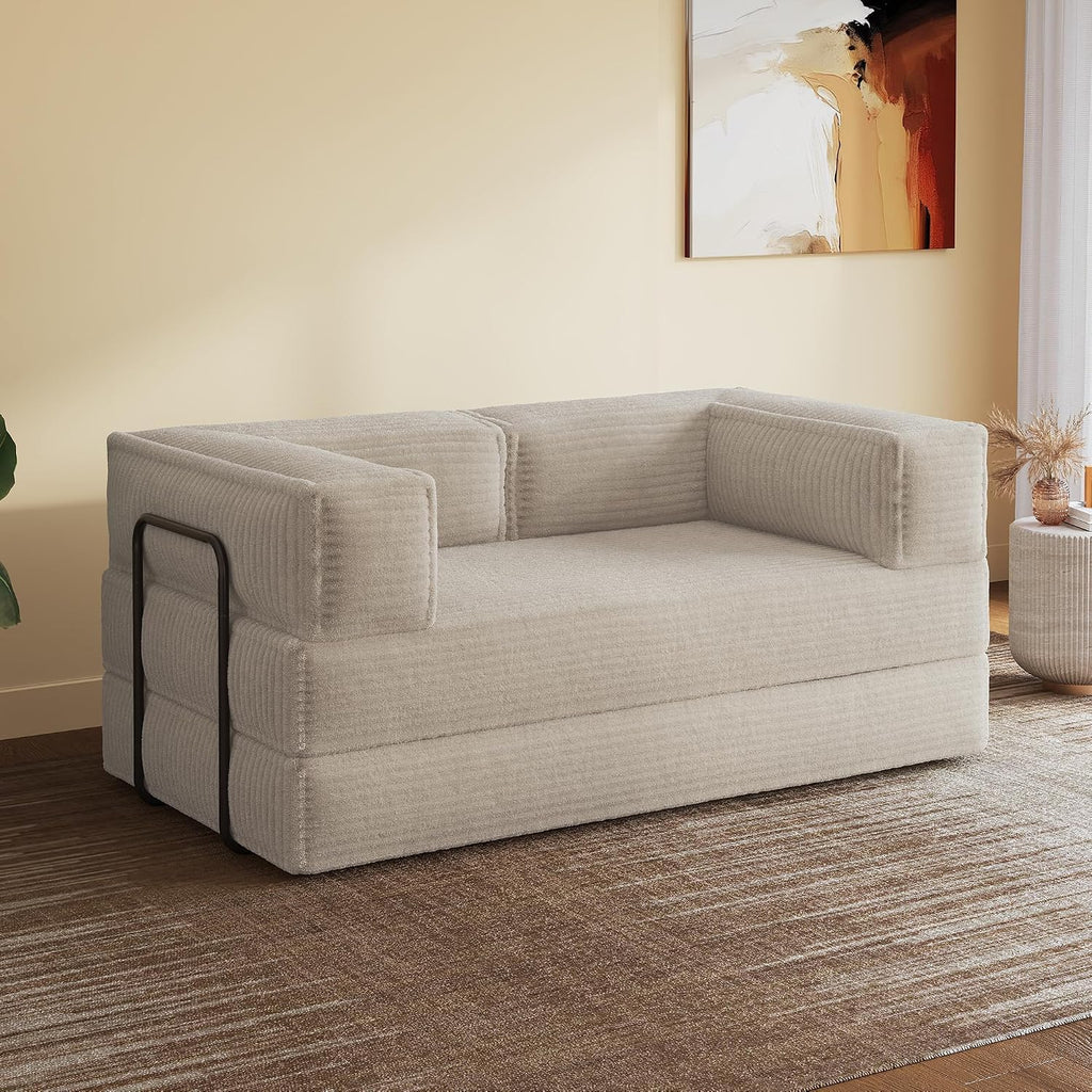 WLIVE 71'' Futon Sofa Bed, Convertible Sleeper Sofa, Folding Pull Out Couch Boneless Mattress with Fixed Frame, Corduroy, with Storage Pocket, Beige