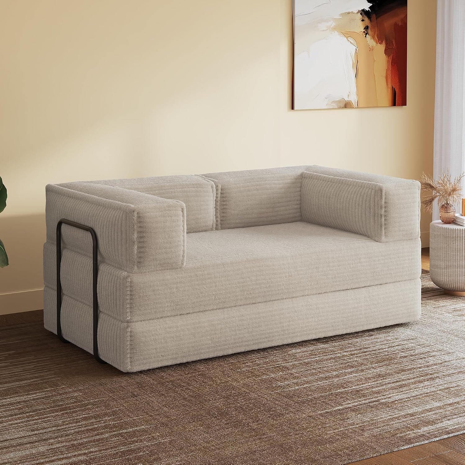 WLIVE 71'' Futon Sofa Bed, Convertible Sleeper Sofa, Folding Pull Out Couch Boneless Mattress with Fixed Frame, Corduroy, with Storage Pocket, Beige