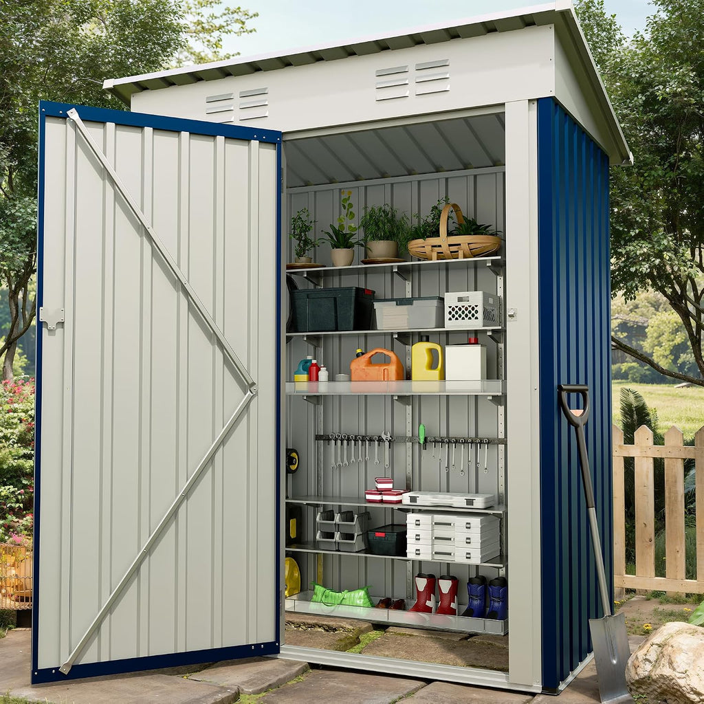 Garvee Metal Tool Shed with Single Door - Slanted Roof, Small Size, 5x3FT, Garden Storage, Outdoor Iron Tool Storage