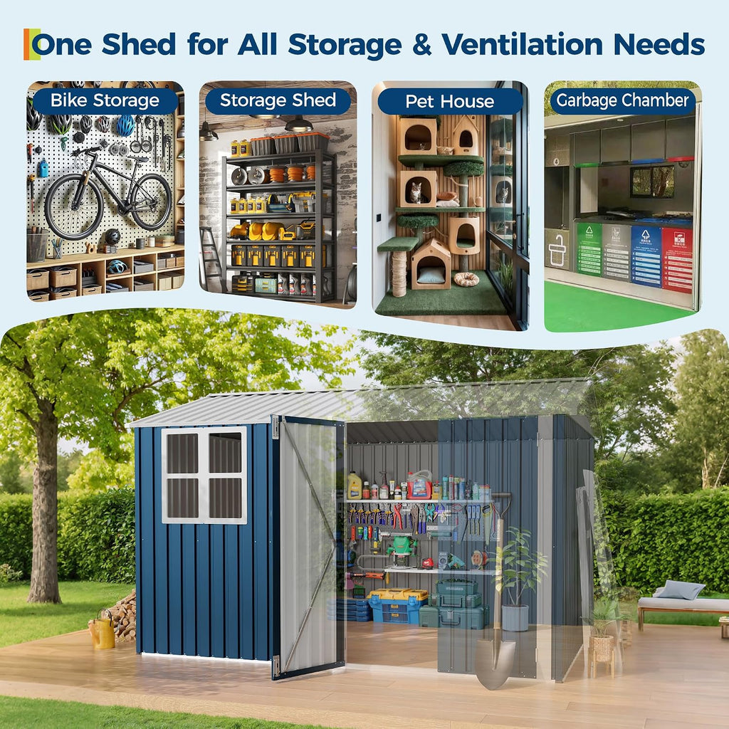 Garvee 10X8 FT Storage Shed with Cross Windows & Double Doors, 450 Cu Ft Large Outdoor Tool Shed, Garden Shed for Riding Mower, Bike, Lawn Equipment - All Weather Meta