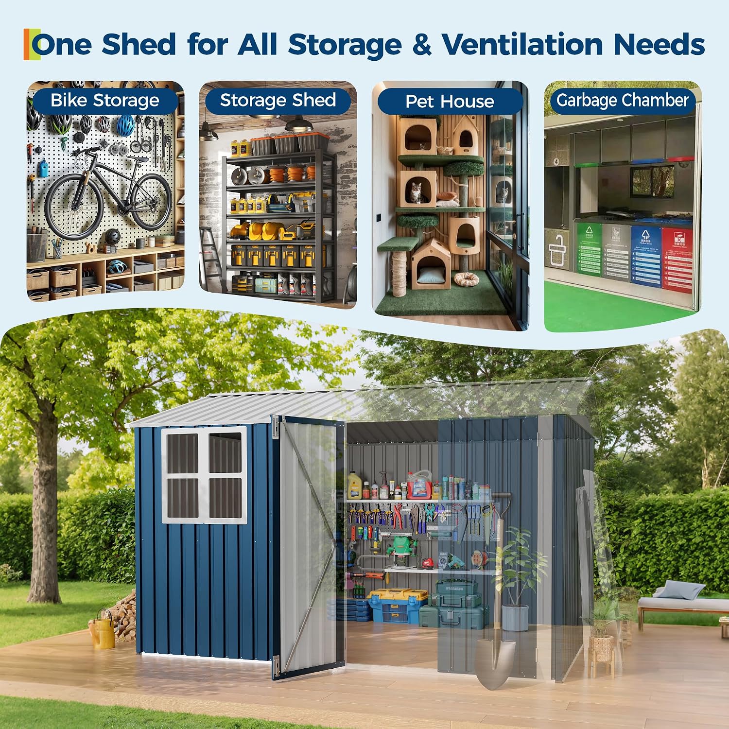 Garvee 10X8 FT Storage Shed with Cross Windows & Double Doors, 450 Cu Ft Large Outdoor Tool Shed, Garden Shed for Riding Mower, Bike, Lawn Equipment - All Weather Meta