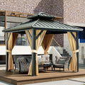 GAOMON 10x10/12 Ft Heavy-Duty Hardtop Pavilion – Double Roof Galvanized Steel Gazebo with Nettings & Curtains for Deck, Lawn & Patio, Brown+Black