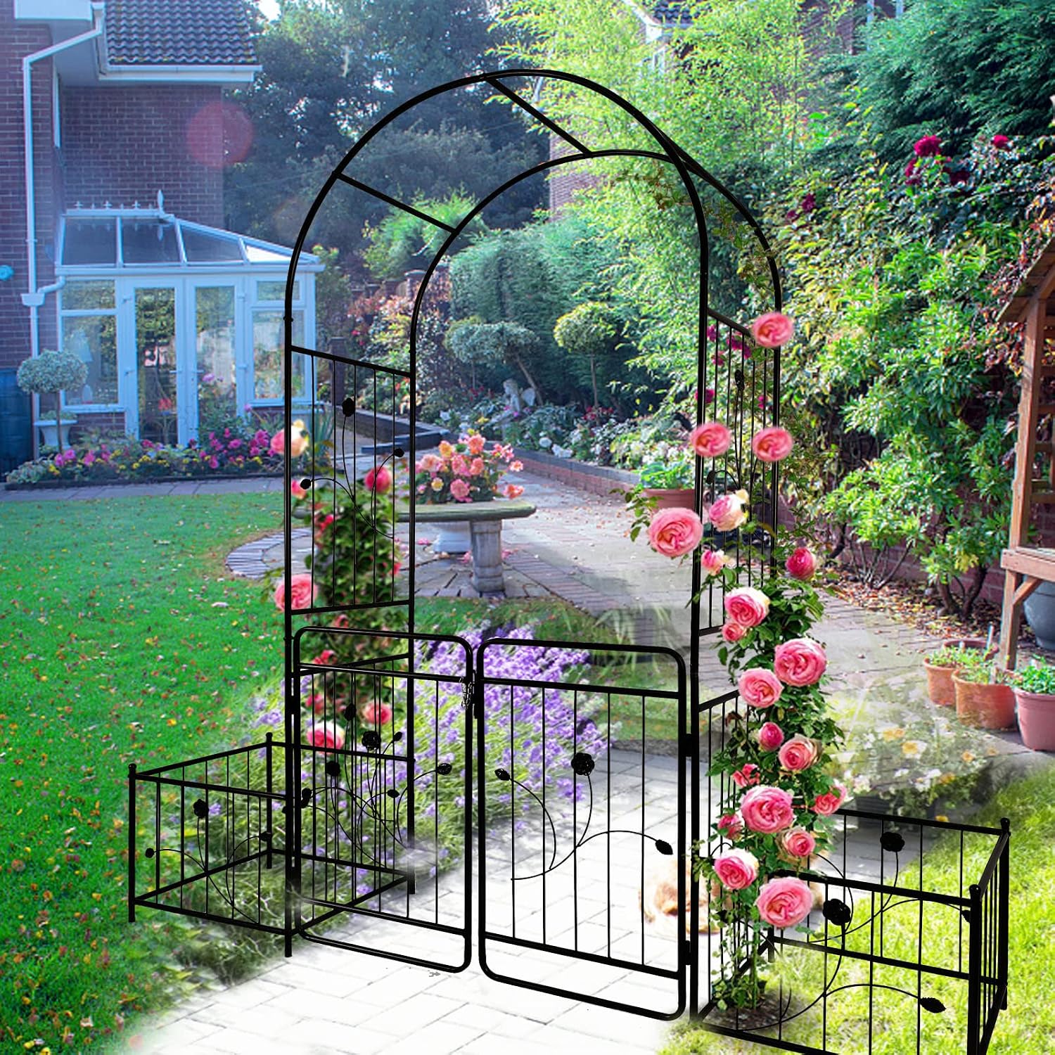 Metal Outdoor Garden Arch Iron Arbors Gazebo with 2 Plant Stands,High Birdcage Shape Pergola Pavilion,W/Ouble Gate Design,for Ivy Vines,Rose,Morning Glory,Black,79.5'x86.6'