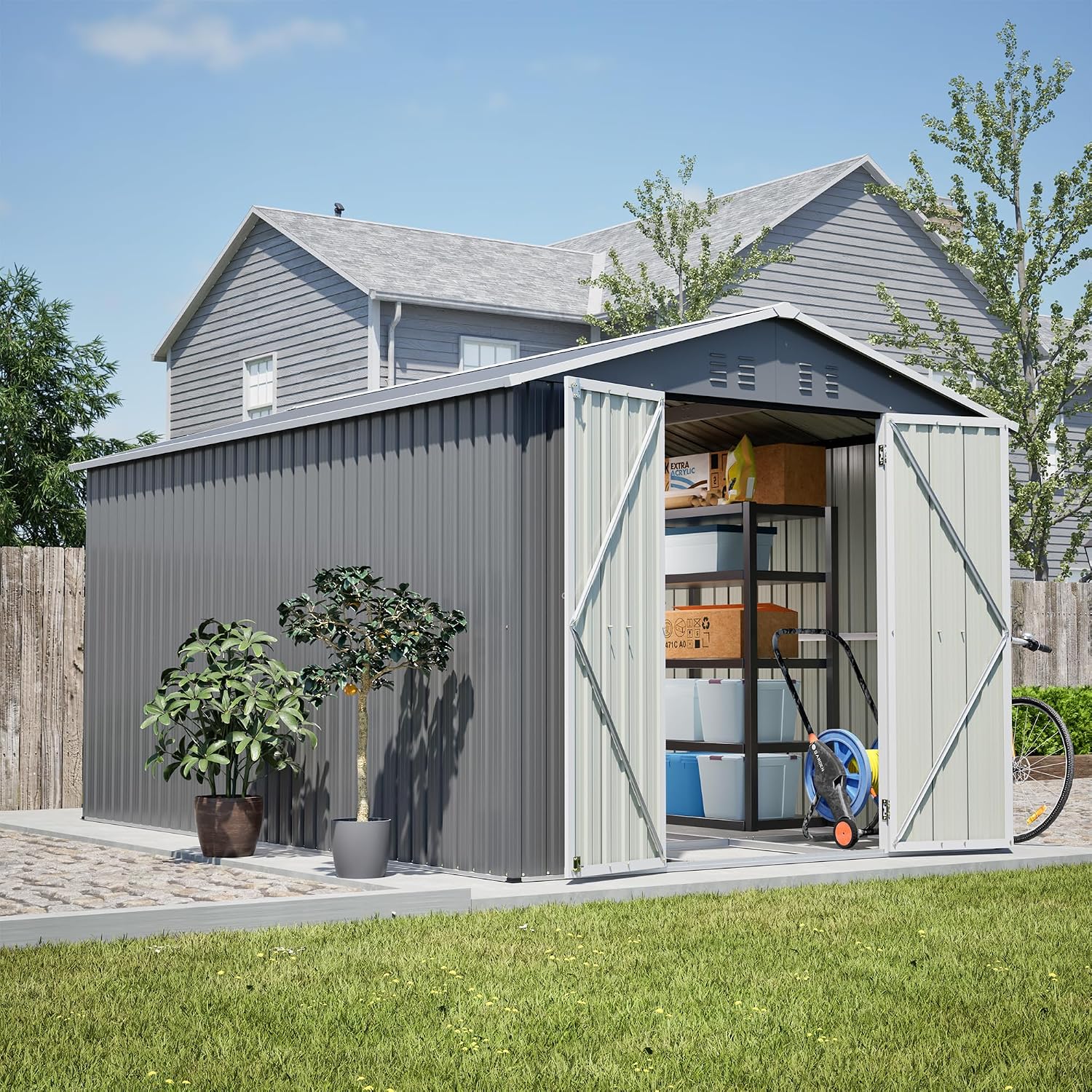 8x12 FT Outdoor Metal Storage Shed with Heavy-Duty Aluminum Frame, Lockable Double Doors, Weather-Resistant Roof and Vents, Large Garden Tool Shed for Backyard, Patio and Lawn – Grey