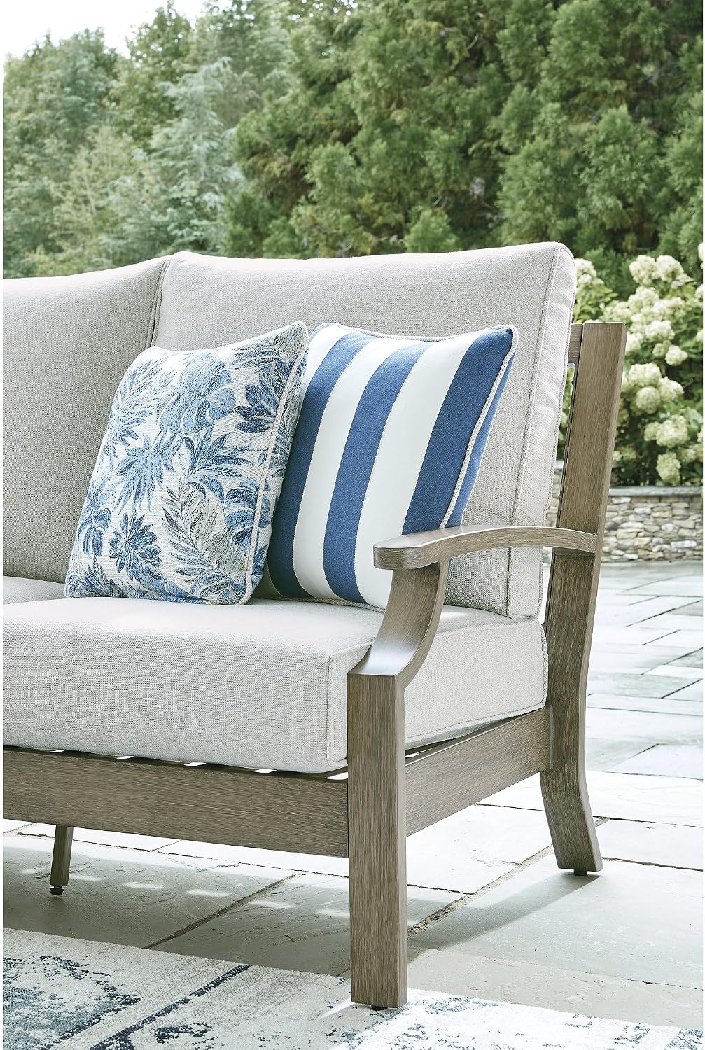 Signature Design by Ashley Rainier Ranch Casual Nuvella Weather Resistant Fabric, Outdoor Sofa with Cushion and 4 Accent Pillows, Light Brown & Light Gray