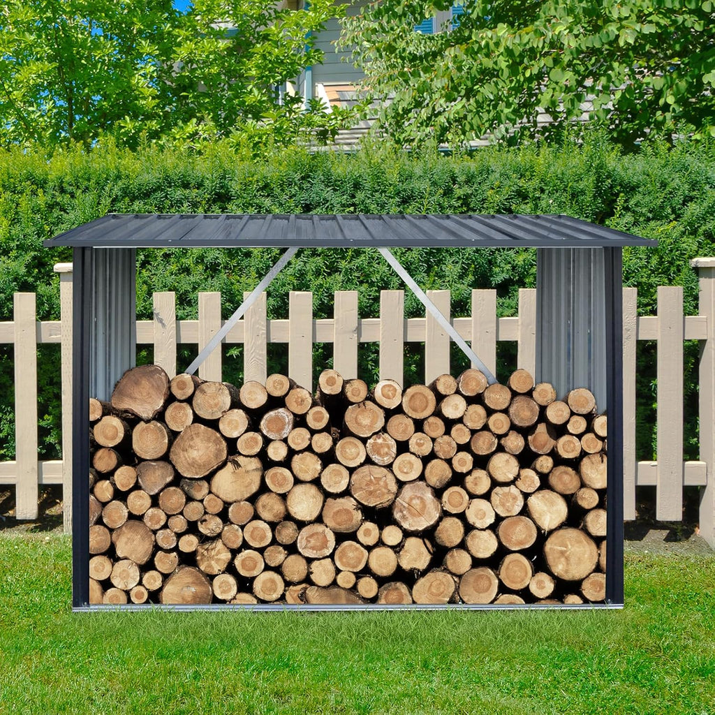 7.1 * 2.5FT Large Outdoor Steel Firewood Rack with Sloped Roof, Heavy Metal Wood Storage Shed for Logs, Pellets & Lumber