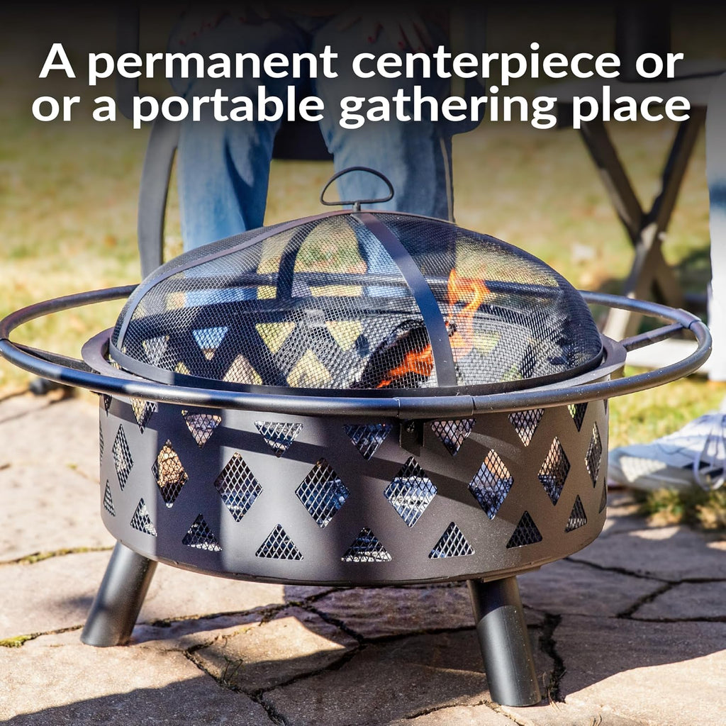 Sunnydaze Crossweave Outdoor Fire Pit - Wood-Burning Fire Pit for Outside with Spark Screen, Poker and Round Cover - 30-Inch - Black