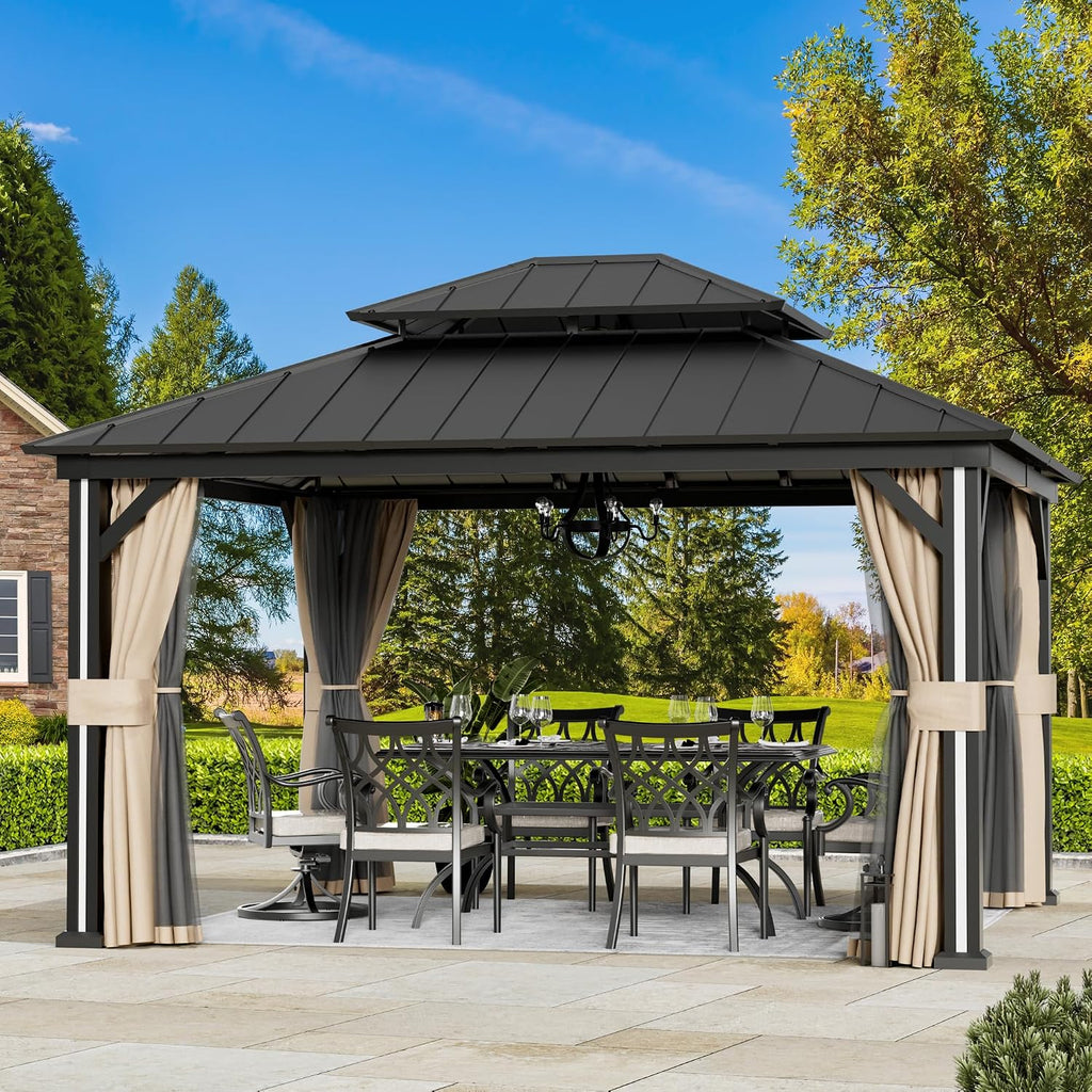 Big Leaf 12' x 14' Hardtop Gazebo with LED Strip Lights – Galvanized Steel Double Roof, USB and USB-C connectors, Mosquito Netting and Curtains – Outdoor Metal Gazebo for Decks and Backyards, Black
