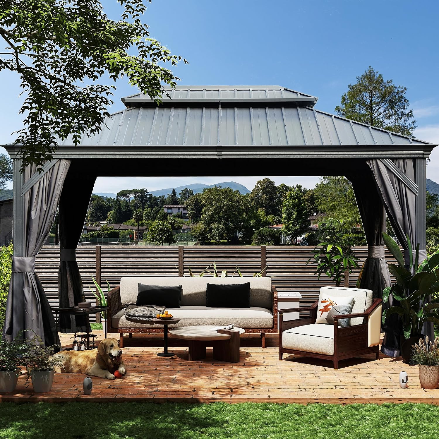 Domi 10x14FT Hardtop Gazebo, Outdoor Gazebo with Double Galvanized Steel Roof, Metal Pavilion Shelter for Patio, Lawn and Garden, Detachable Curtain and Netting Included, Gray