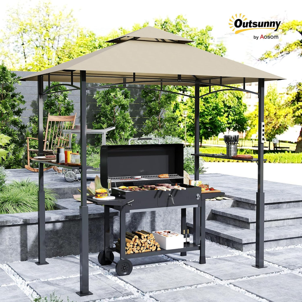 Outsunny 8' x 5' Grill Gazebo, Double Tiered Outdoor BBQ Gazebo with LED Light, 2 Side Shelves, Hooks and Bottle Opener for Patio Deck Yard, Khaki