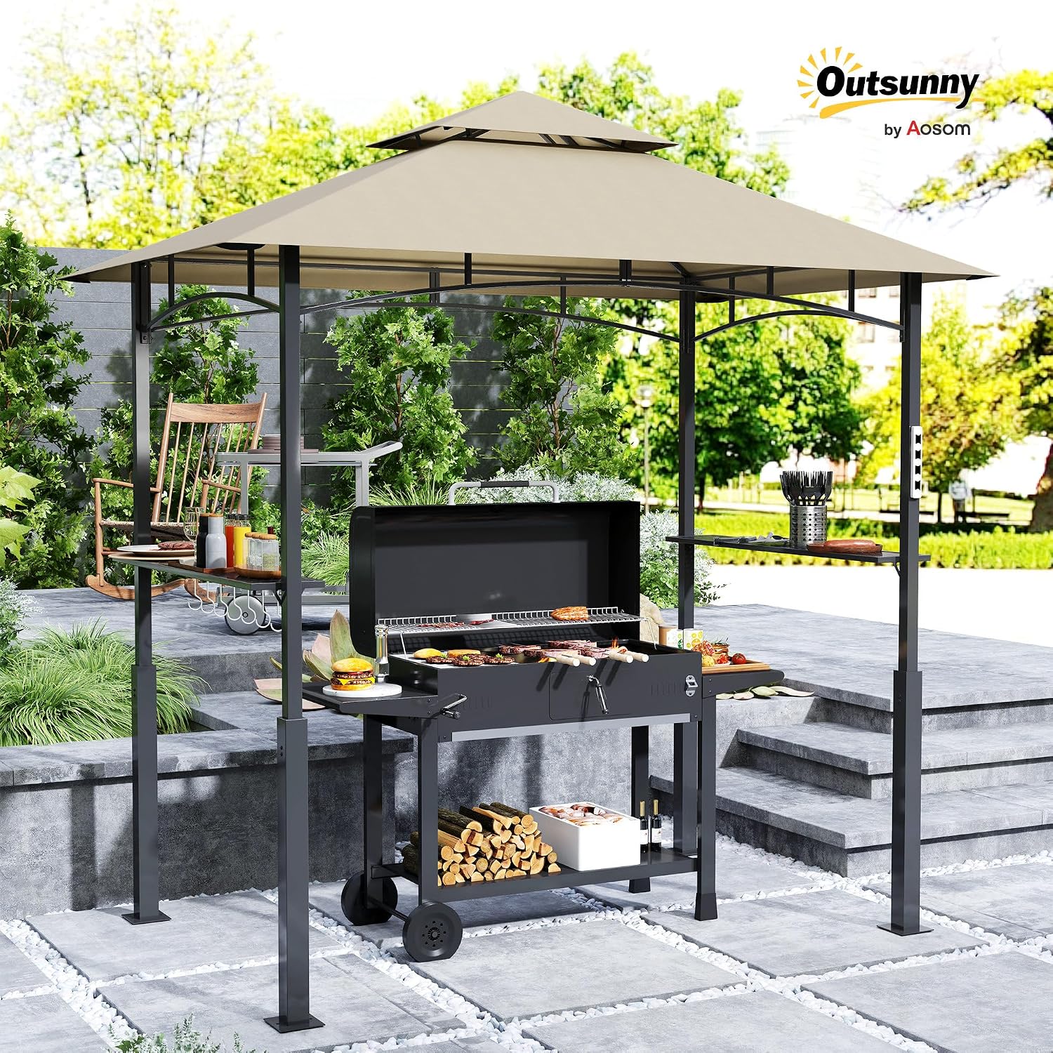 Outsunny 8' x 5' Grill Gazebo, Double Tiered Outdoor BBQ Gazebo with LED Light, 2 Side Shelves, Hooks and Bottle Opener for Patio Deck Yard, Khaki
