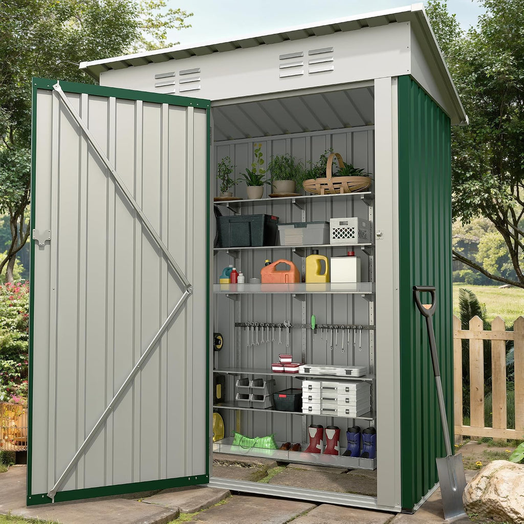 Garvee Metal Tool Shed with Single Door - Slanted Roof, Small Size, 5x3FT, Garden Storage, Outdoor Iron Tool Storage