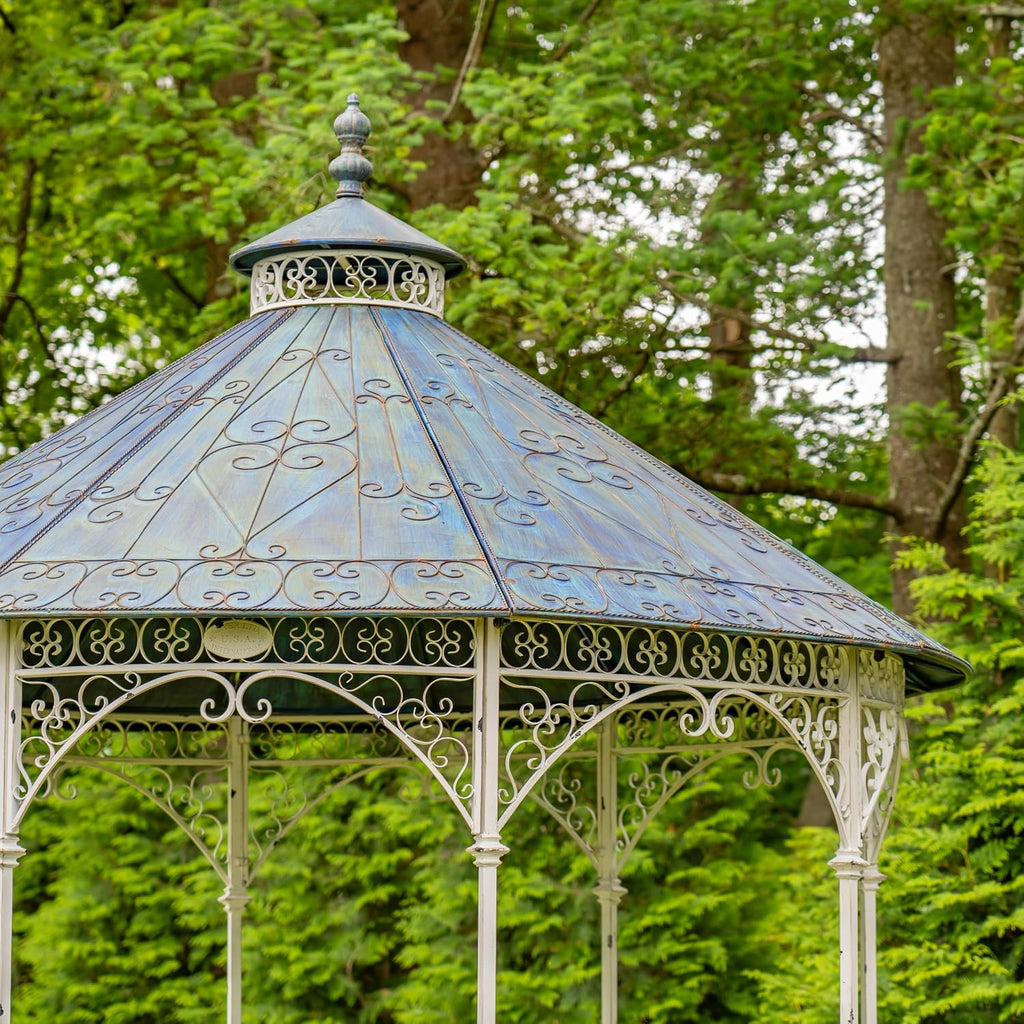 11ft. Tall Round Iron Gazebo with Four Side Walls & Flowers Baskets Seville (Antique White)