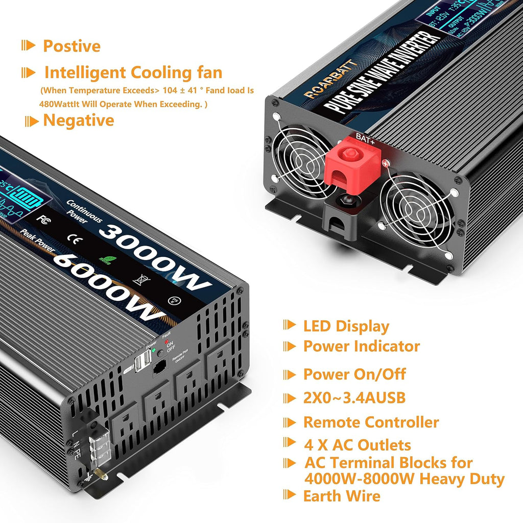 3000W Pure Sine Wave Power Inverter 12V DC to 110V/120V AC, 6000W Peak with Remote Control, 4 AC Outlets, Dual USB, LED Display, Heavy Duty Converter for RV, Truck, Solar System, Off-Grid & Emergency