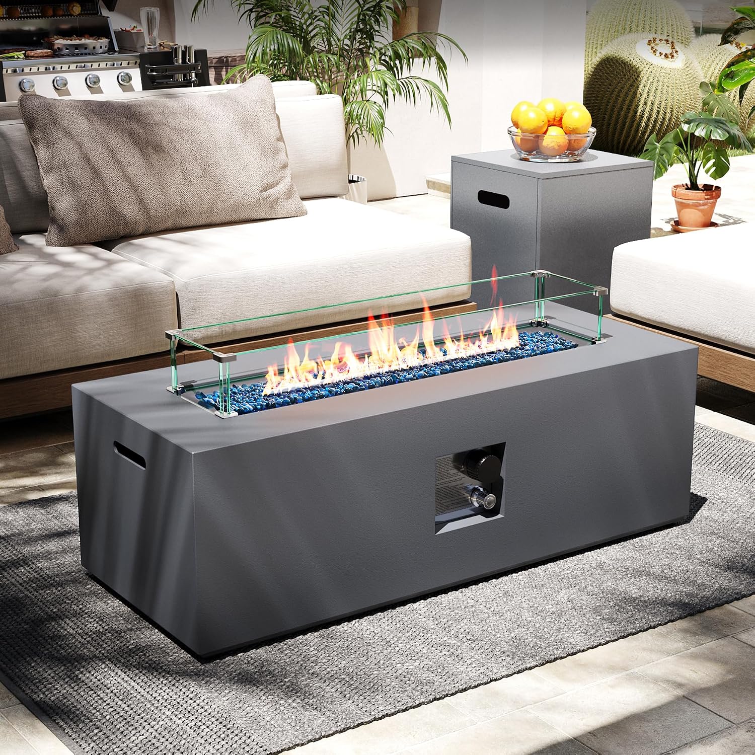 UPHA 42-inch Outdoor Propane Gas Fire Pit Table 50000 BTU Iron Rectangle Firepit for Outside Patio with Tank Hidden Table, Wind Guard, Removable Lid, Blue Glass Rocks, Rain Cover, Grey
