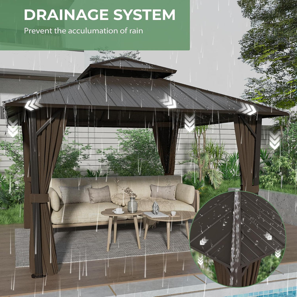 12' x 12' Hardtop Gazebo, Aluminum Frame with Double Galvanized Steel Roof, Outdoor Metal Gazebo with Netting & Curtains for Backyard, Garden, or Deck, Brown
