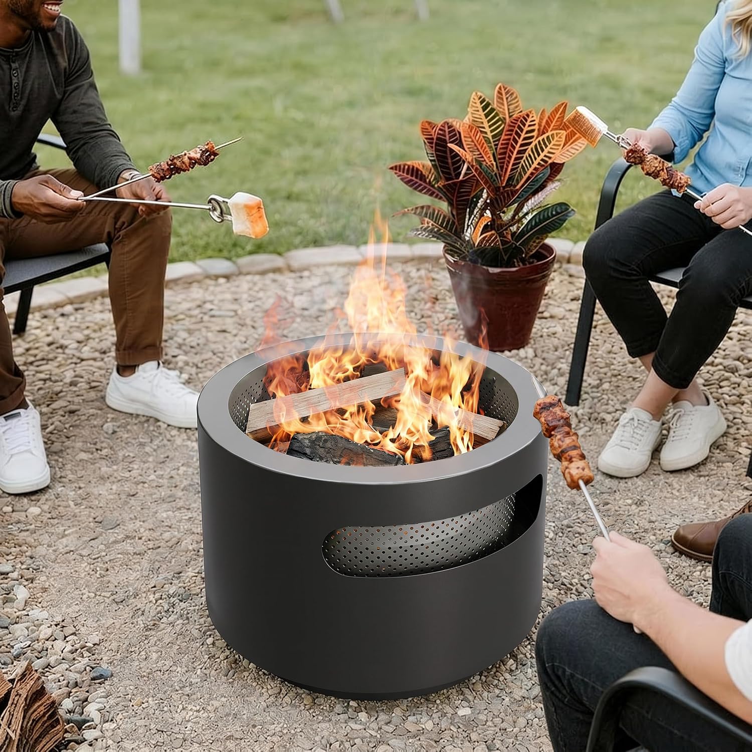 ALAULM 25 Inch Smokeless Fire Pit Tabletop, Stainless Steel Wood Burning Firepit for Outdoor Patio, Includes Weather-Resistant Cover