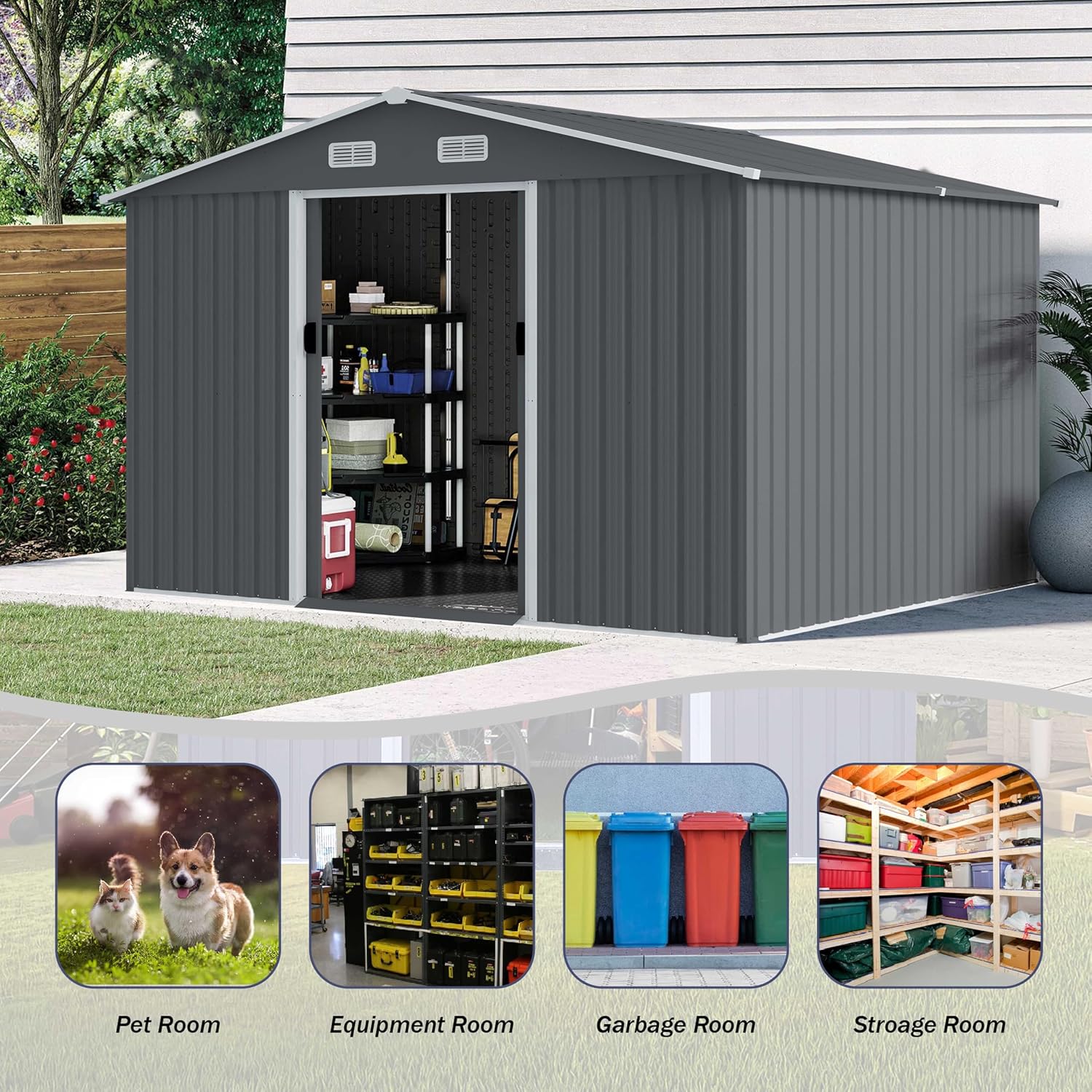 Shed with Windows,Large Metal Outdoor Storage Shed, Lockable Tool Storage shed, Steel Garden shed, Suitable for Backyard, Terrace, and Poolside (Grey, 8FTx10FT)