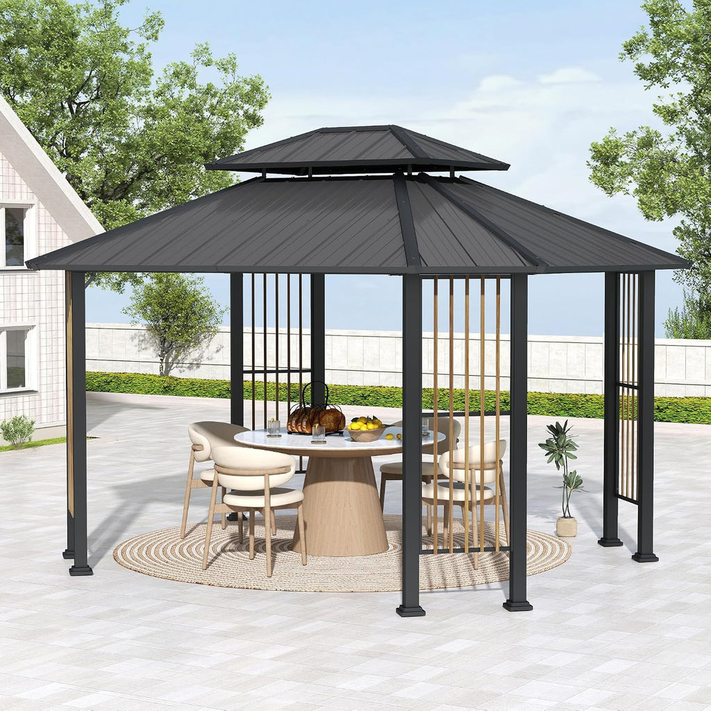 HAPPATIO 11' x 13 Outdoor Octagon Gazebo, Outdoor Pavilion Hardtop Gazebo with Double Tiered Ventilated Roof, Dual Rails and Ceiling Hook for Patio, Garden, Backyard Shade