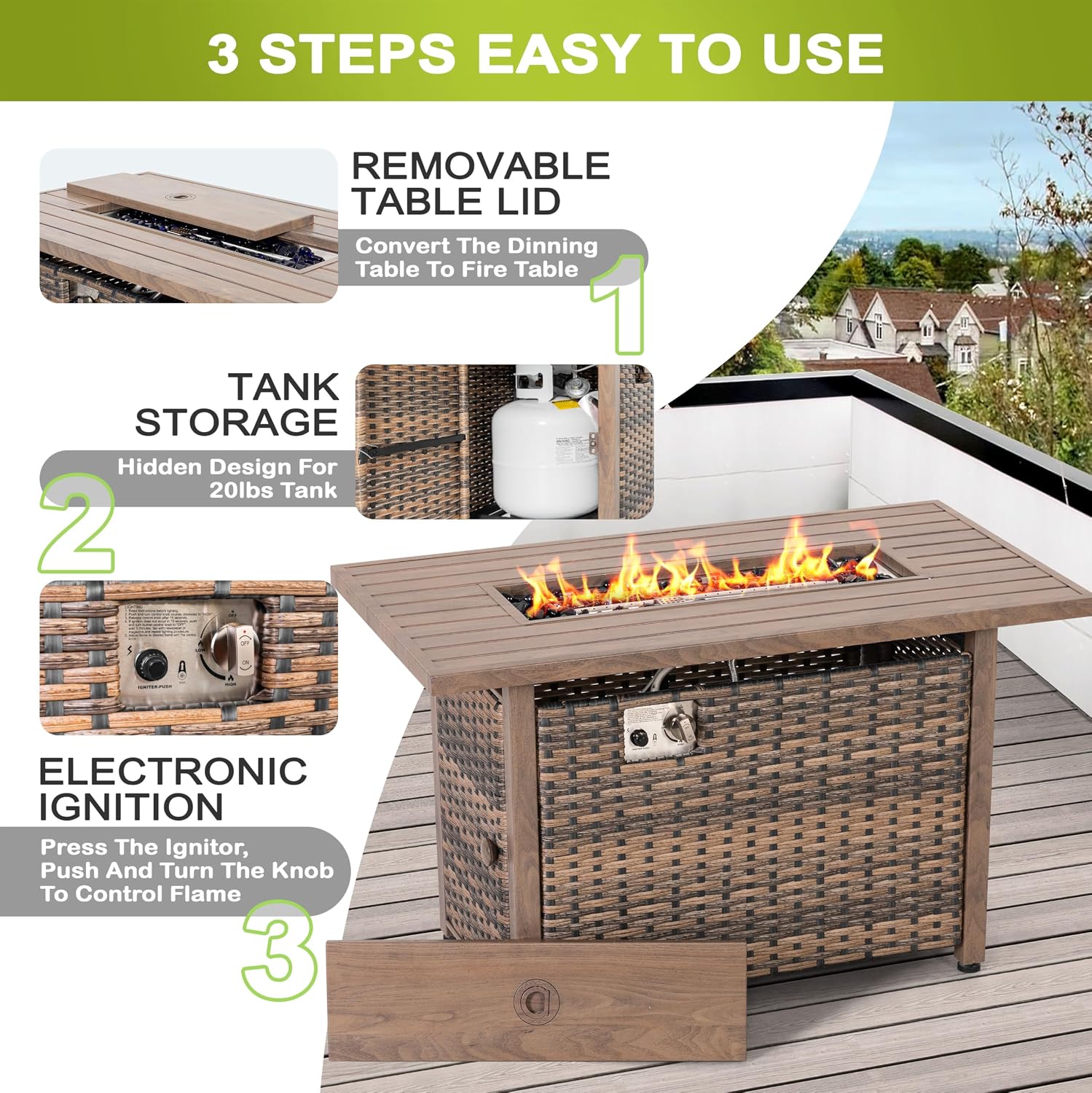 Nuu Garden 43' Propane Fire Pit, CSA-Listed Outdoor Fire Pit Table, 50000 BTU Gas FirePit with Lid, Glass Wind Guard, Glass Beads, 2-in-1 Rectangular FirePit for Outside Backyard, Brown